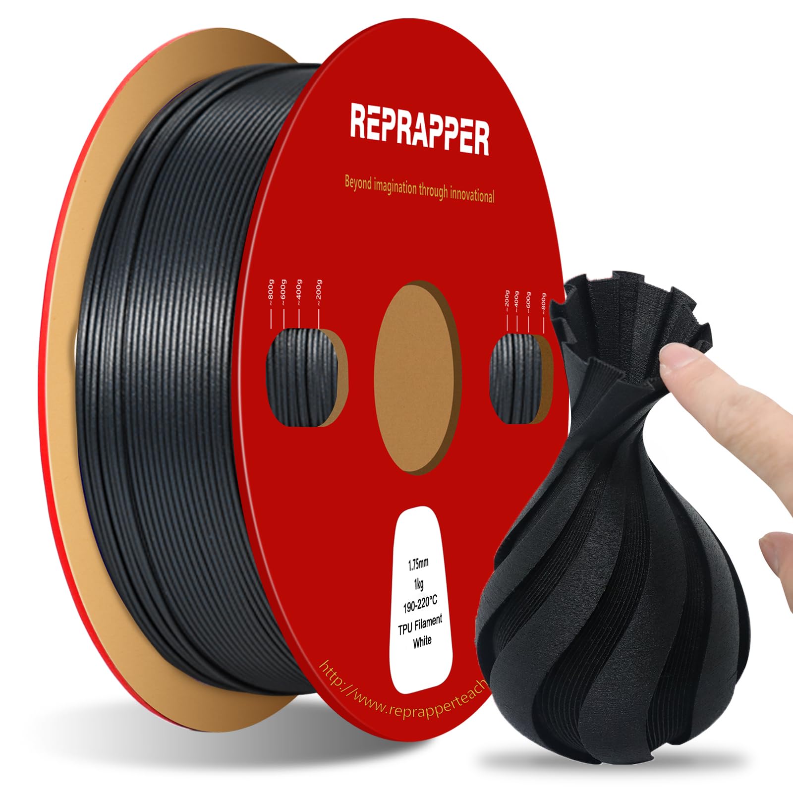 Reprapper Conductive TPU Filament 1.75mm ( 0.03mm) 2.2lb (1kg) for 3D Printer, Electro-Conductive Flexible Filament, Black