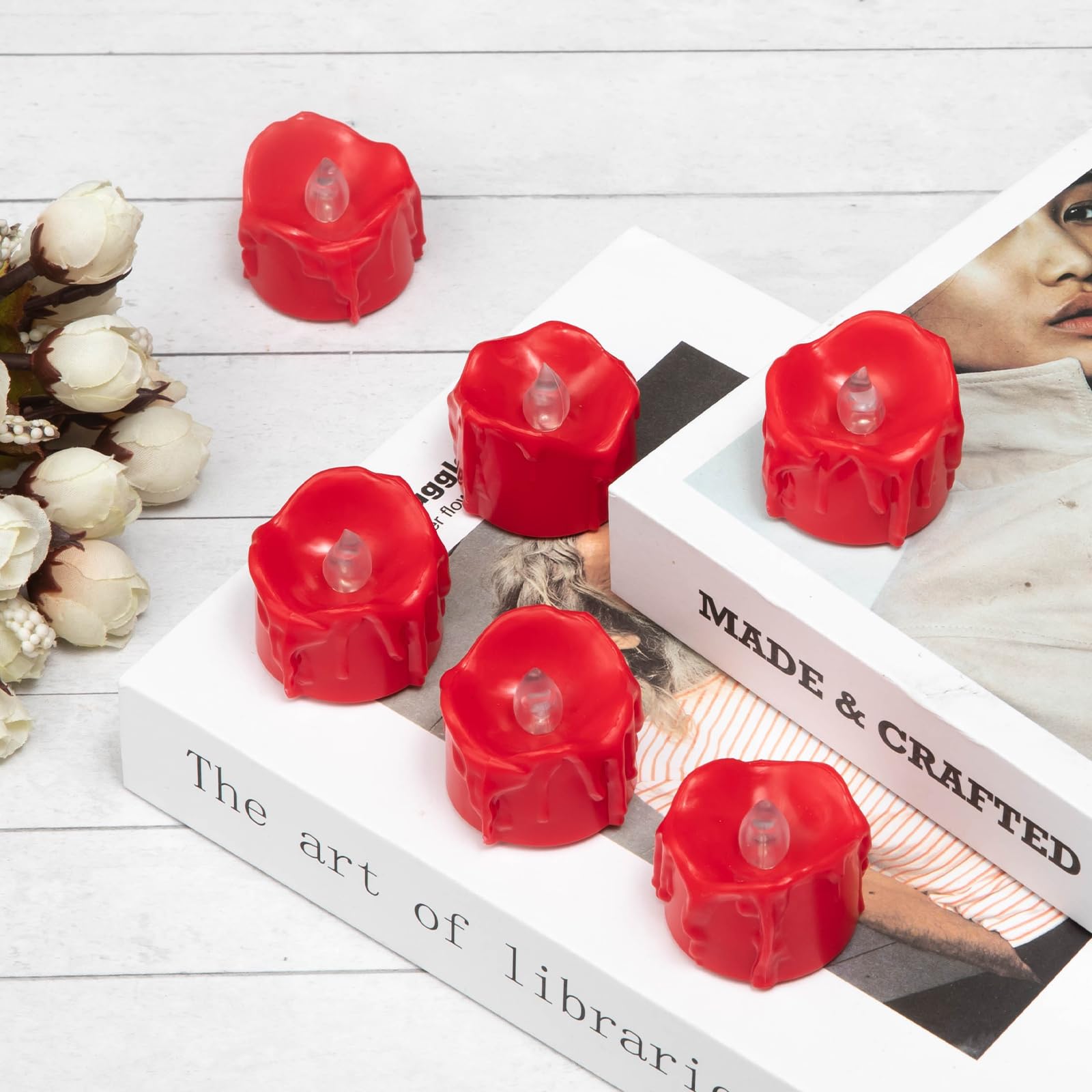 Windshell Red Flickering Flame Tealight Candles With 6H Timer (No Remote), Red Led Light Source, Battery Operated Flameless Tea