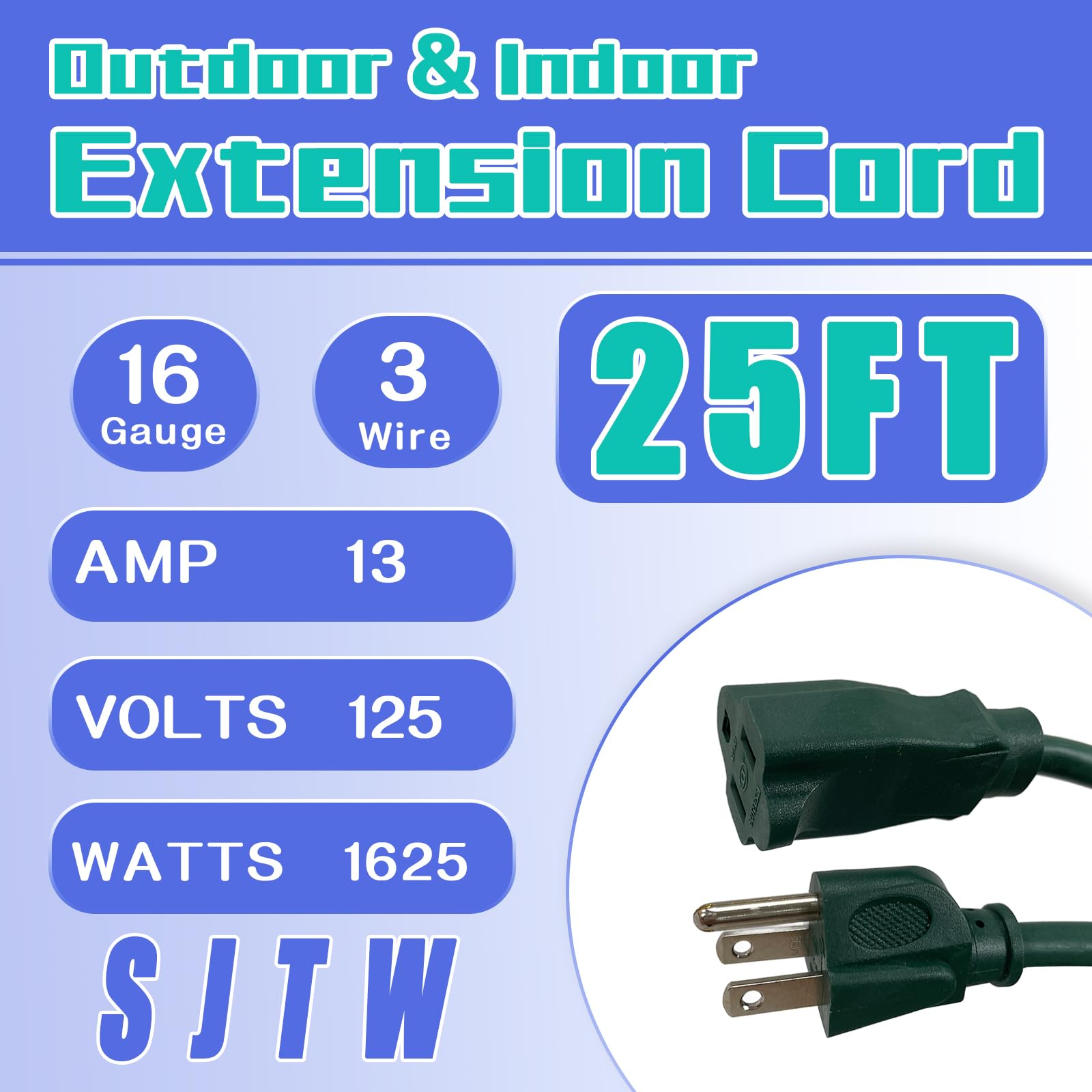 Greatide Indoor Outdoor Extension Cord 25 Ft, 16/3 Sjtw Weatherproof Green Electrical Cords, 13 Amp Heavy Duty 3 Prong Power Cab