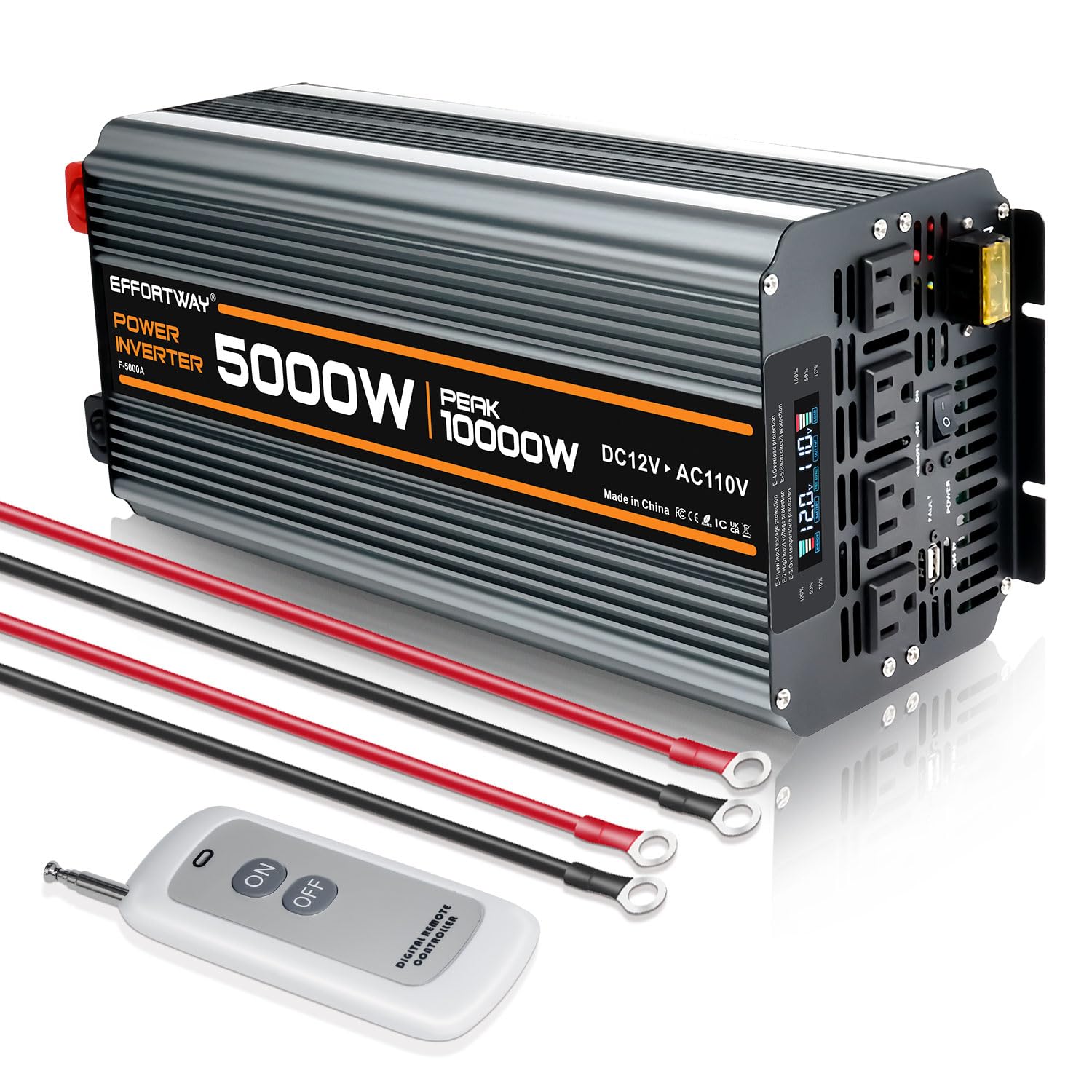 5000 watt Power Inverter DC 12V to AC 110V/120V Converter,10000w Peak.Comes with LCD Display,Wireless Controller, 4AC outlets,1U