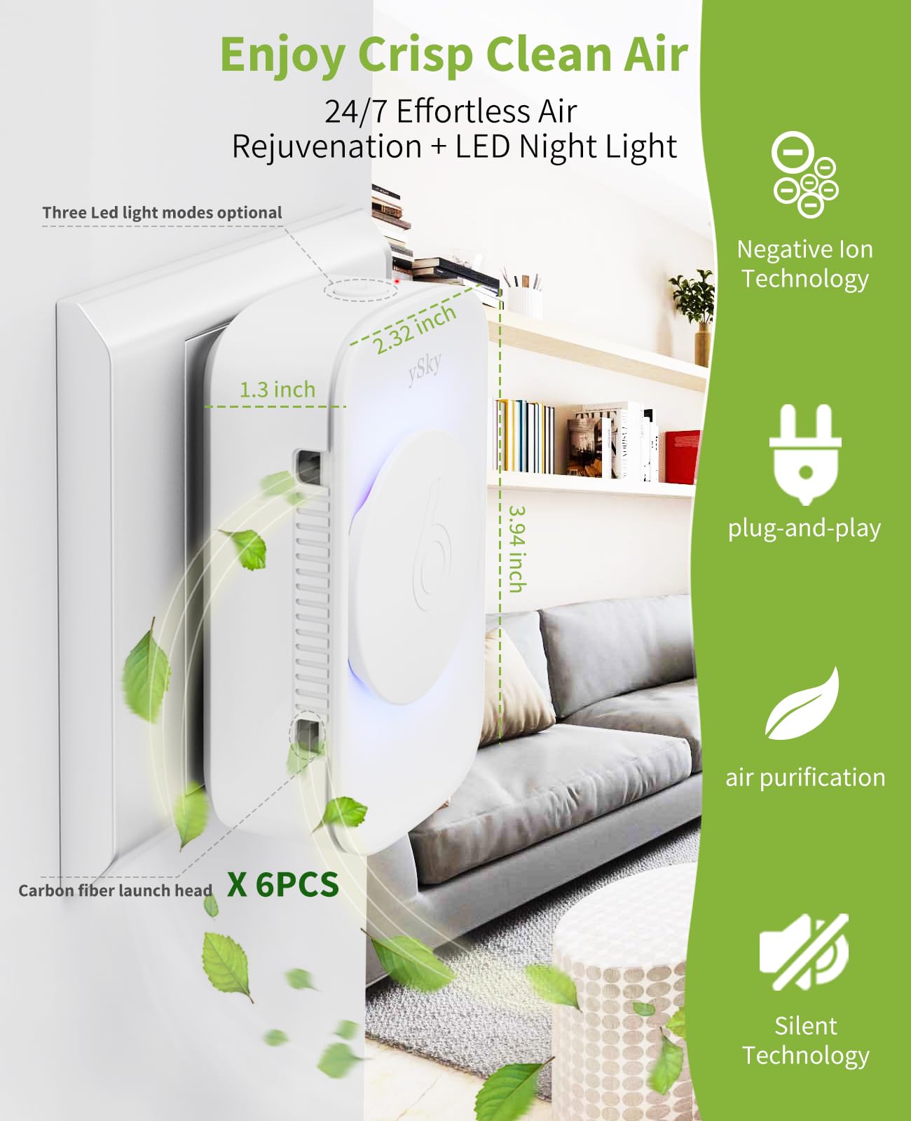 Ysky Plug In Air Purifier For Home (3 Packs), Negative Ion Air Purifier,Quiet Ionizers Air Freshener For Home,Bathroom,Bedroom,P