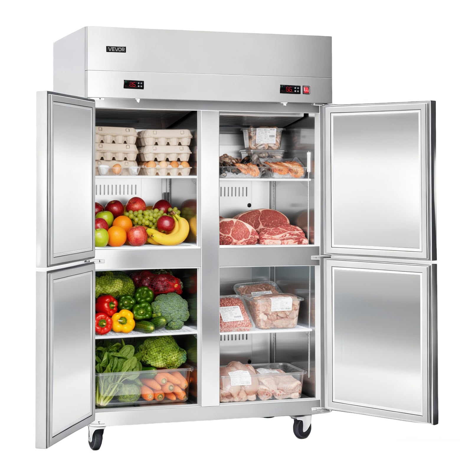 VEVOR Commercial Refrigerator and Freezer Combo 48 W, 31 Cu.Ft Stainless Steel Upright Freezer/Refrigerator with 4 Doors, Auto-D