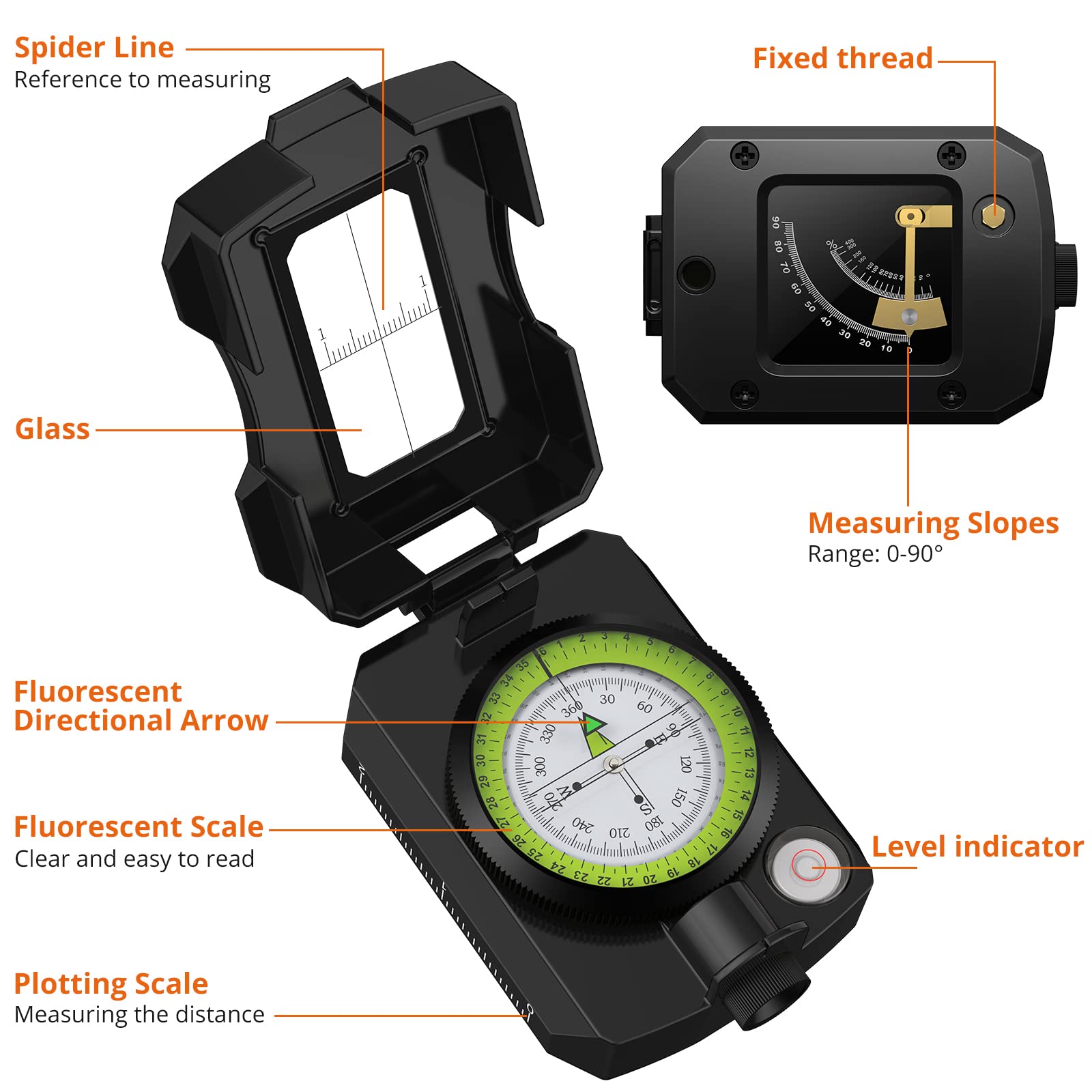 Proster Ip54 Hiking Compass Professional Military Compass Aluminum Alloy Camping Compass Waterproof With Sighting Clinometer