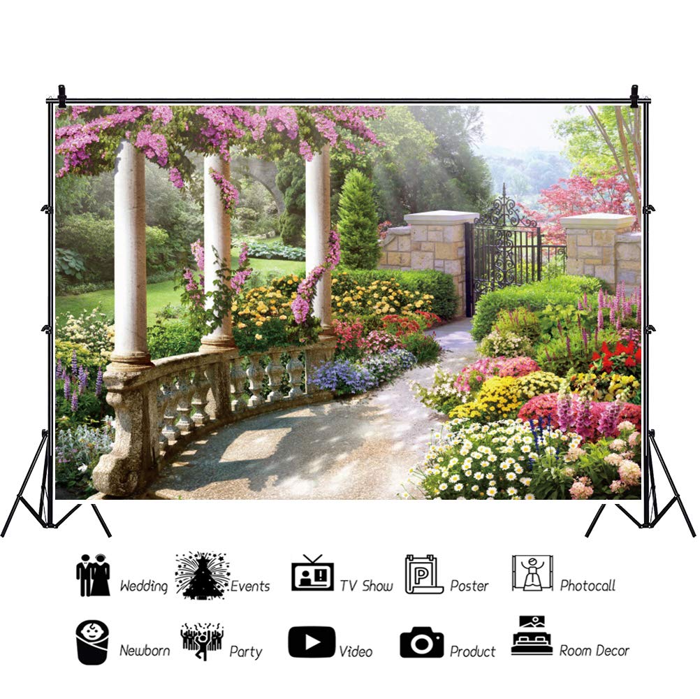 Dorcev 10X8Ft Spring Beautiful Garden Photography Backdrop Vintage Garden Architecture Pillars Blooming Flowers Background Outdo
