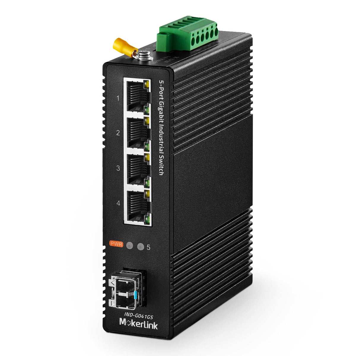 Mokerlink 5 Port Gigabit Industrial Din Rail Network Switch, 4 Gigabit Ethernet, 1 Gigabit Sfp, 14Gbps Switching Capacity, Ip40
