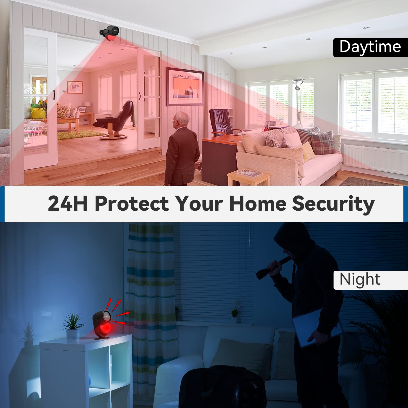 Cpvan Motion Sensor Alarm With 328Ft Remote Control, Indoor Wireless Infrared Security Motion Detector With Siren (125Db, 40Ft P