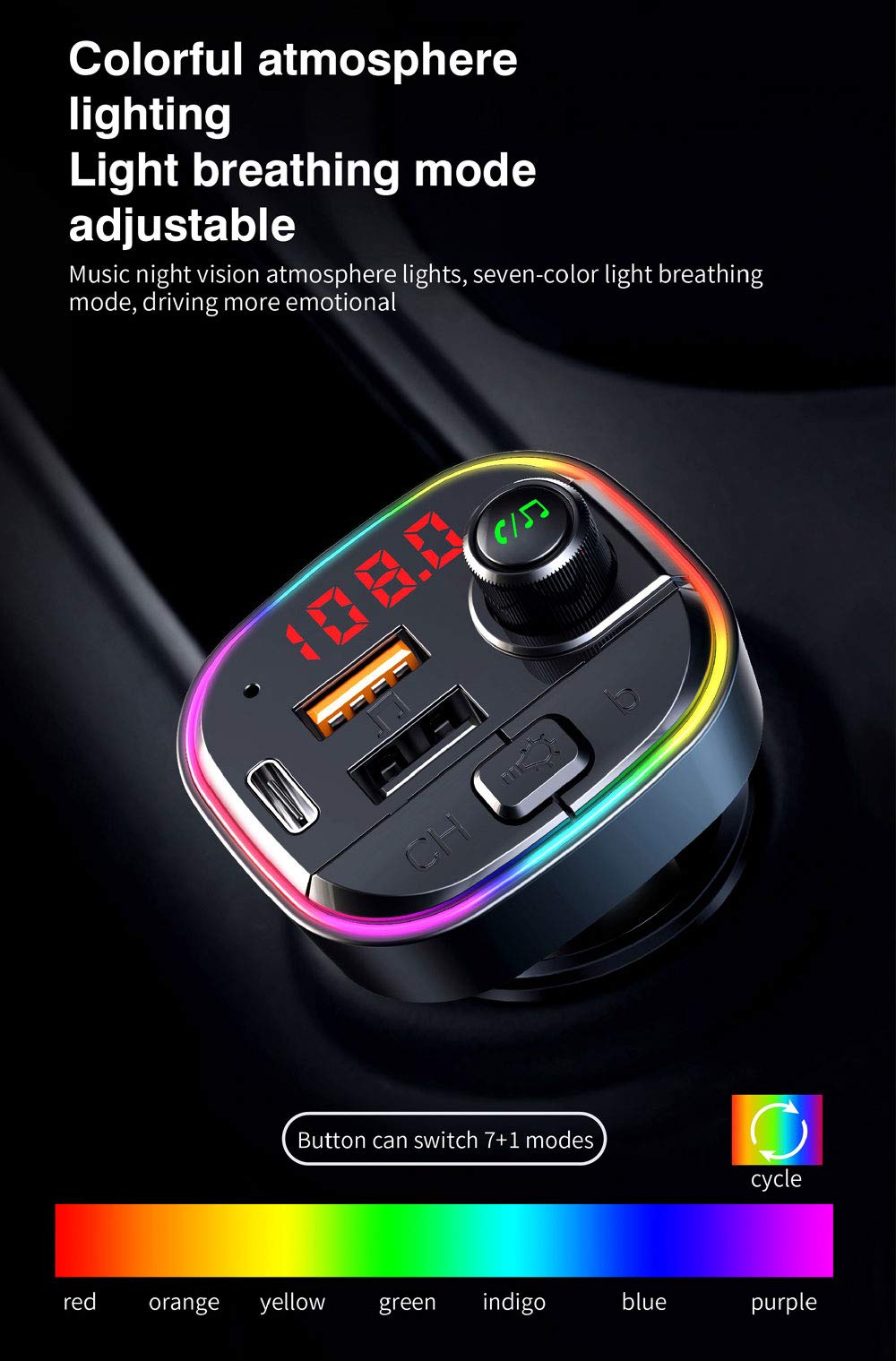 Ohitec Bluetooth Fm Transmitter For Car, Qc3.0 & Usb C Pd 18W Quick Charger & 7 Colors Led Backlit Car Radio Bluetooth Adapter,