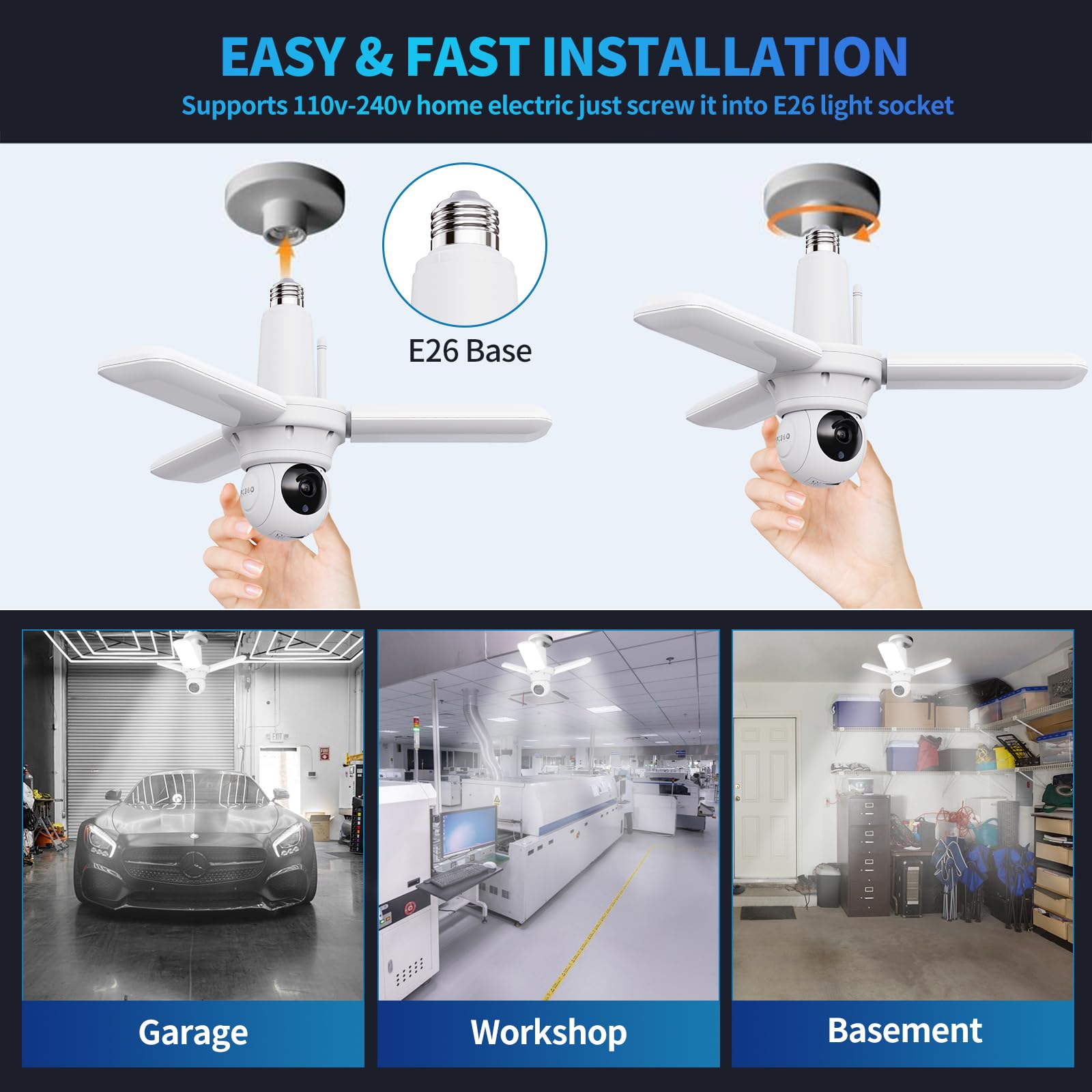 Ohbet Led Garage Light Bulb Camera, Floodlight Security Camera With 3 Adjustable Panels Smart Ai Human Detection Screw In E26 Ba