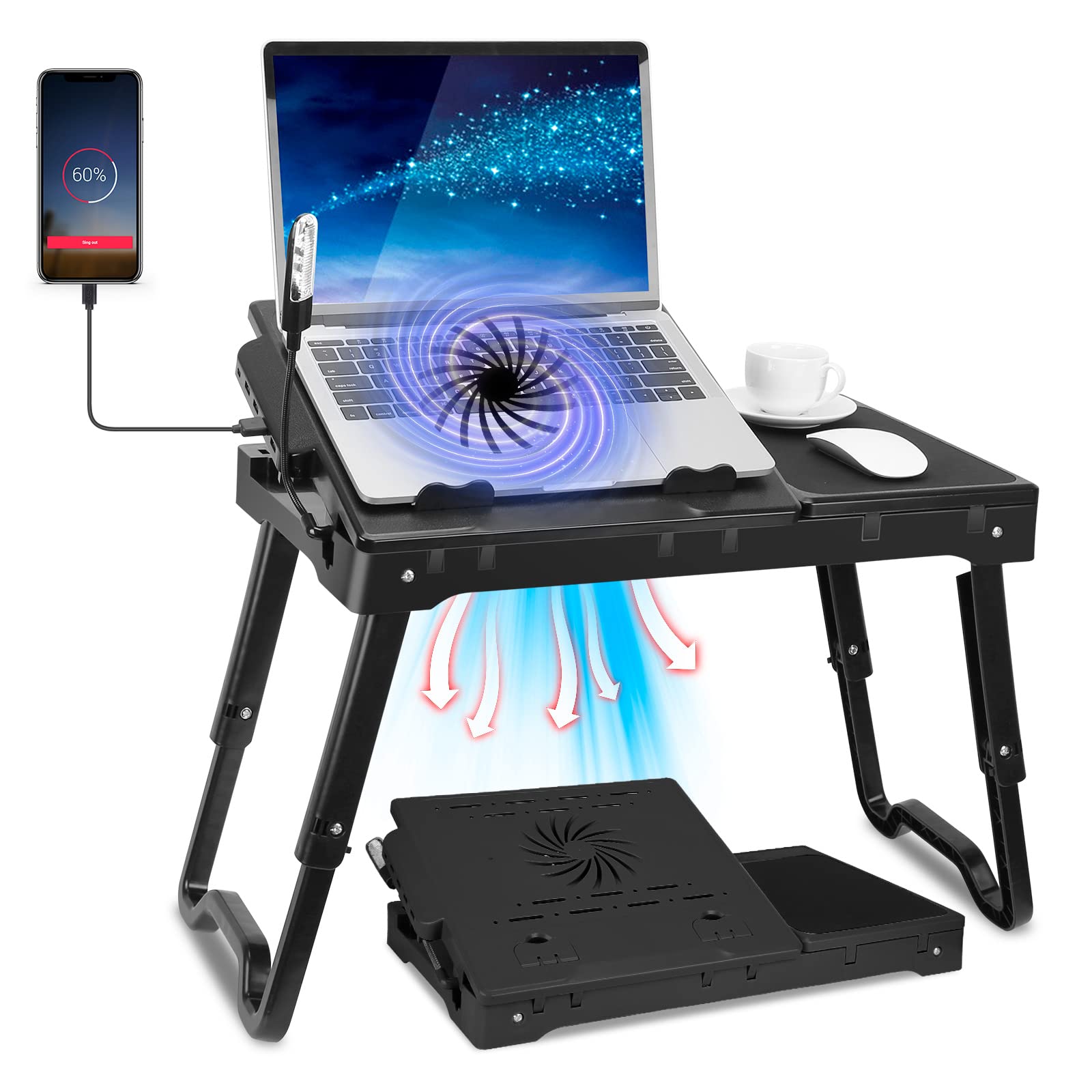 Laptop Table Stand For Bed, Adjustable Laptop Desk For Bed, Portable Desktop Lap Desk With Cooling Fan And 4 Usb Port, Foldable Computer Lap Desk For Bed Sofa Couch Floor(Black)