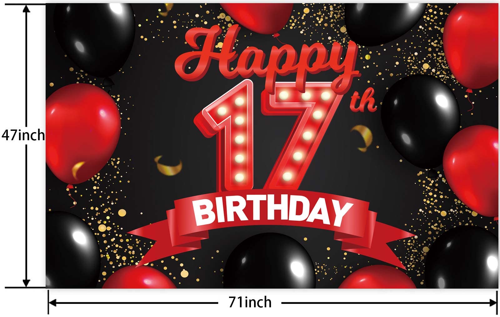 Happy 17Th Birthday Red And Black Banner Backdrop Decorations Balloons Theme Decor For Girls Women Princess 17 Years Old Birthda