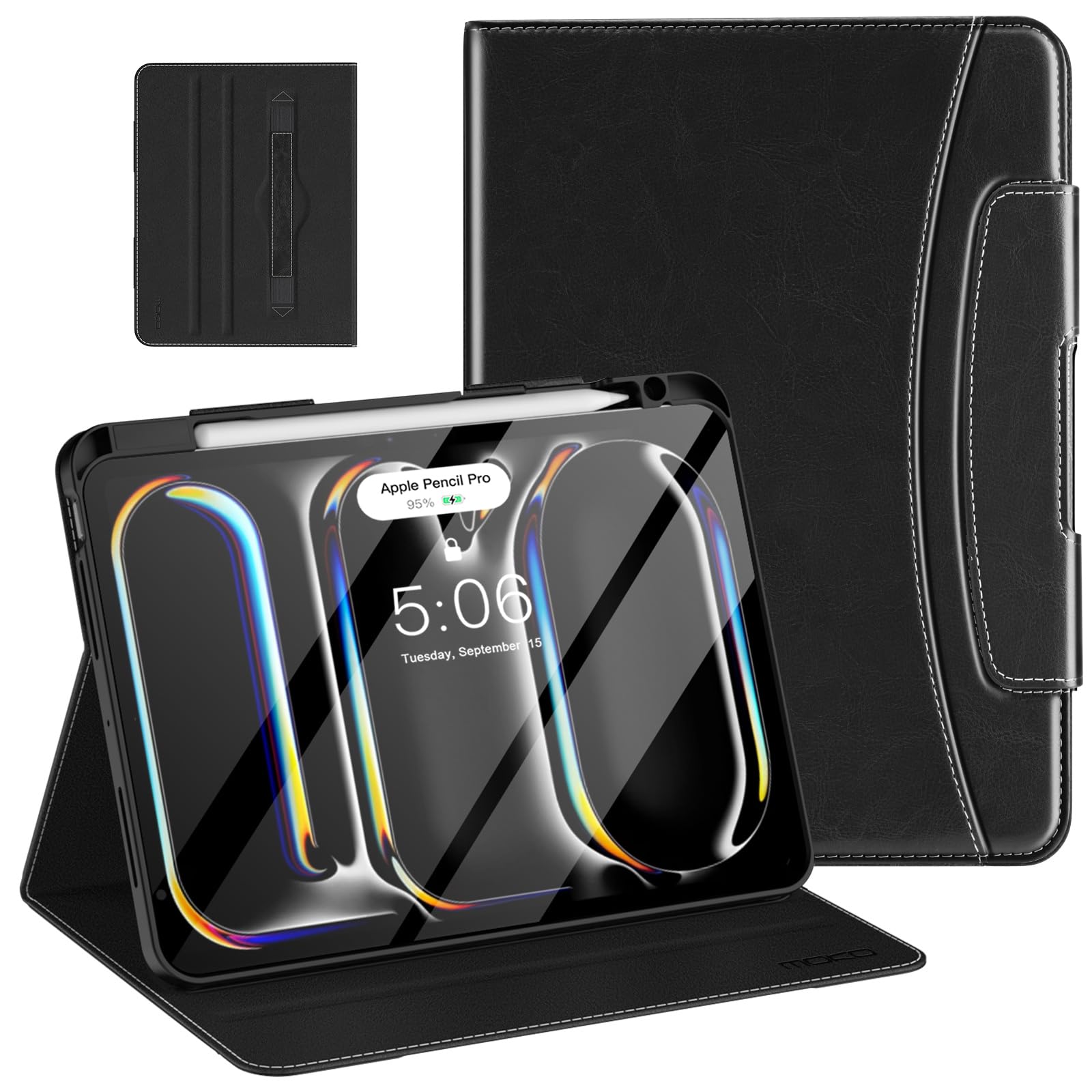 MoKo Case for iPad Pro 11 Inch M4 2024 (5th Generation) with Pencil Holder & Pocket, Built in Hand Strap, Multi Angle Viewing, Premium PU Leather Folio Cover for iPad Pro 11 2024, Black