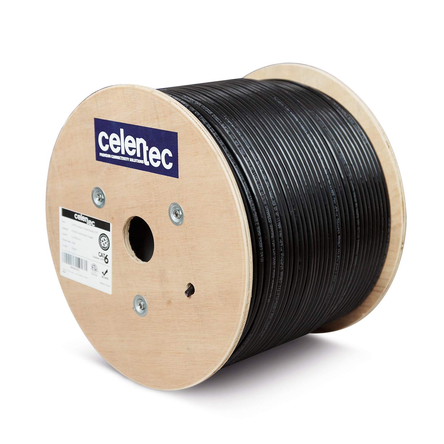 Celertec Cat6 Outdoor Cable, 500Ft, 23Awg Solid Bare Copper, Unshielded Twisted Pair (Utp), Uv Resistant, Weatherproof, Cmx, Etl Listed, 550Mhz, Bulk Ethernet Cable, Wooden Spool  Black