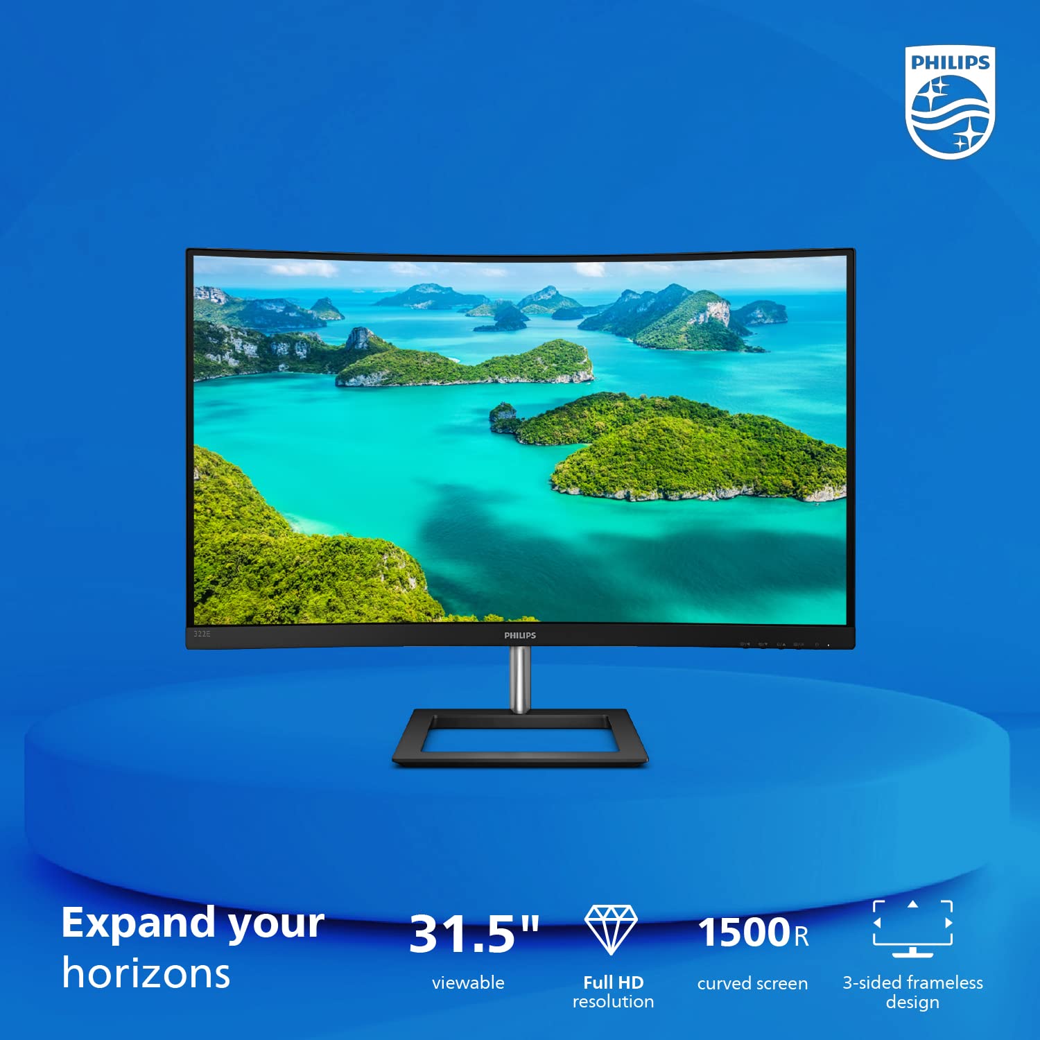 Philips 322E1C 32' Super Curved Frameless Monitor, Full Hd Va, 104% Srgb, Adaptive Sync 75Hz, Vesa, 4Yr Advance Replacement Warranty, Black/Silver