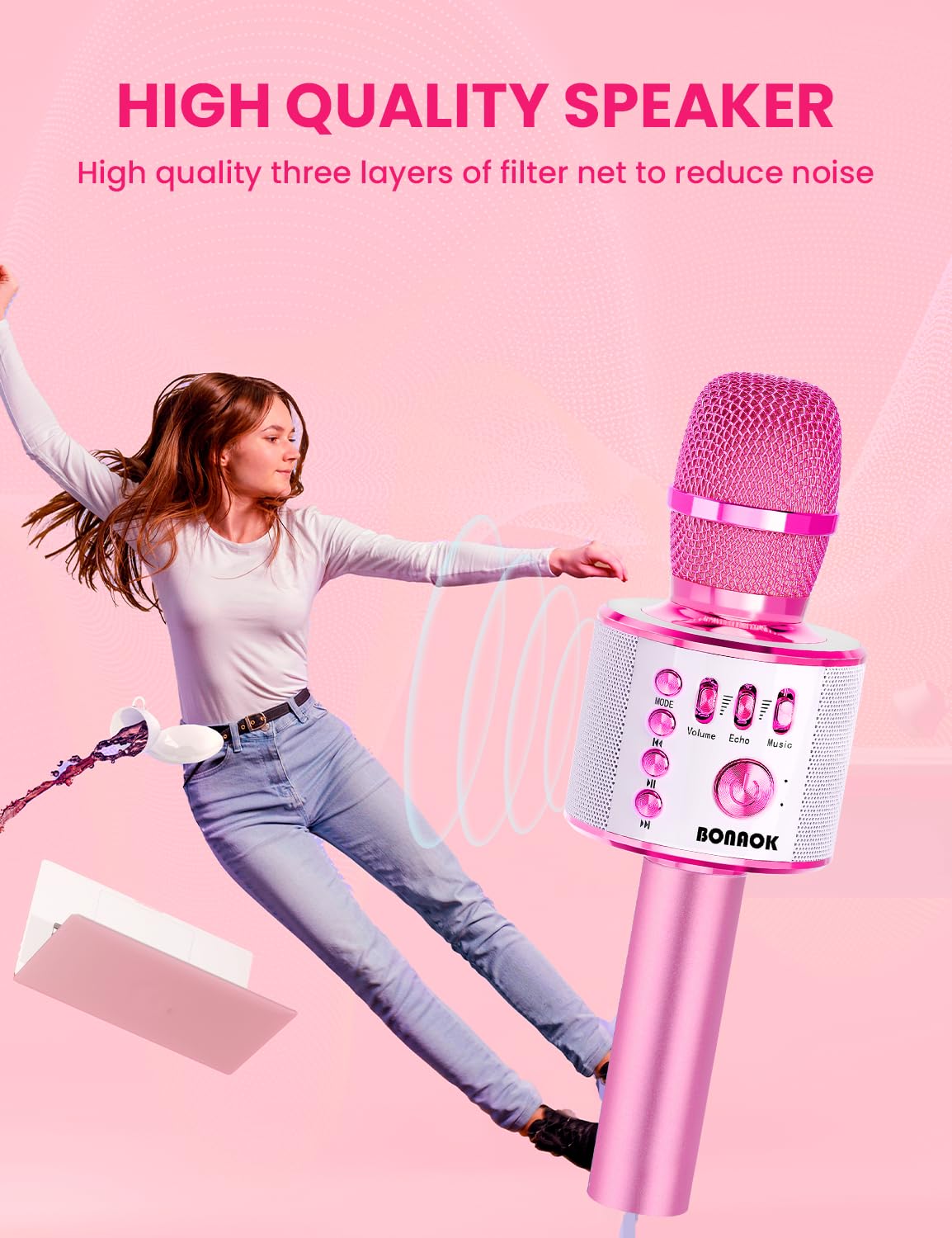Bonaok Bluetooth Karaoke Wireless Microphone,3 In 1 Portable Handheld Karaoke Mic Speaker Machine Christmas Birthday Home Party
