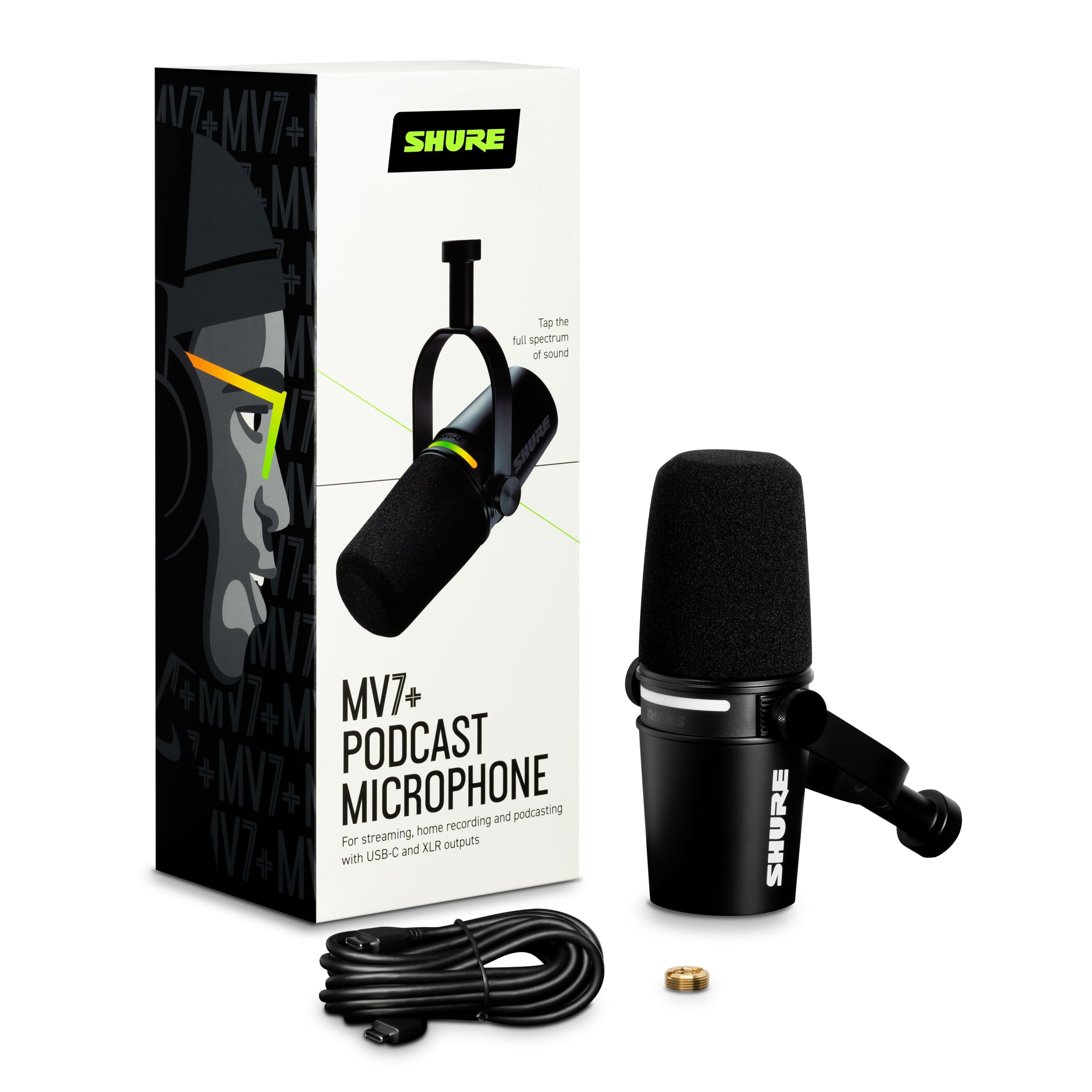 Shure Mv7+ Podcast Microphone. Enhanced Audio, Led Touch Panel, Usb C & Xlr Outputs, Auto Level Mode, Digital Pop Filter, Reverb