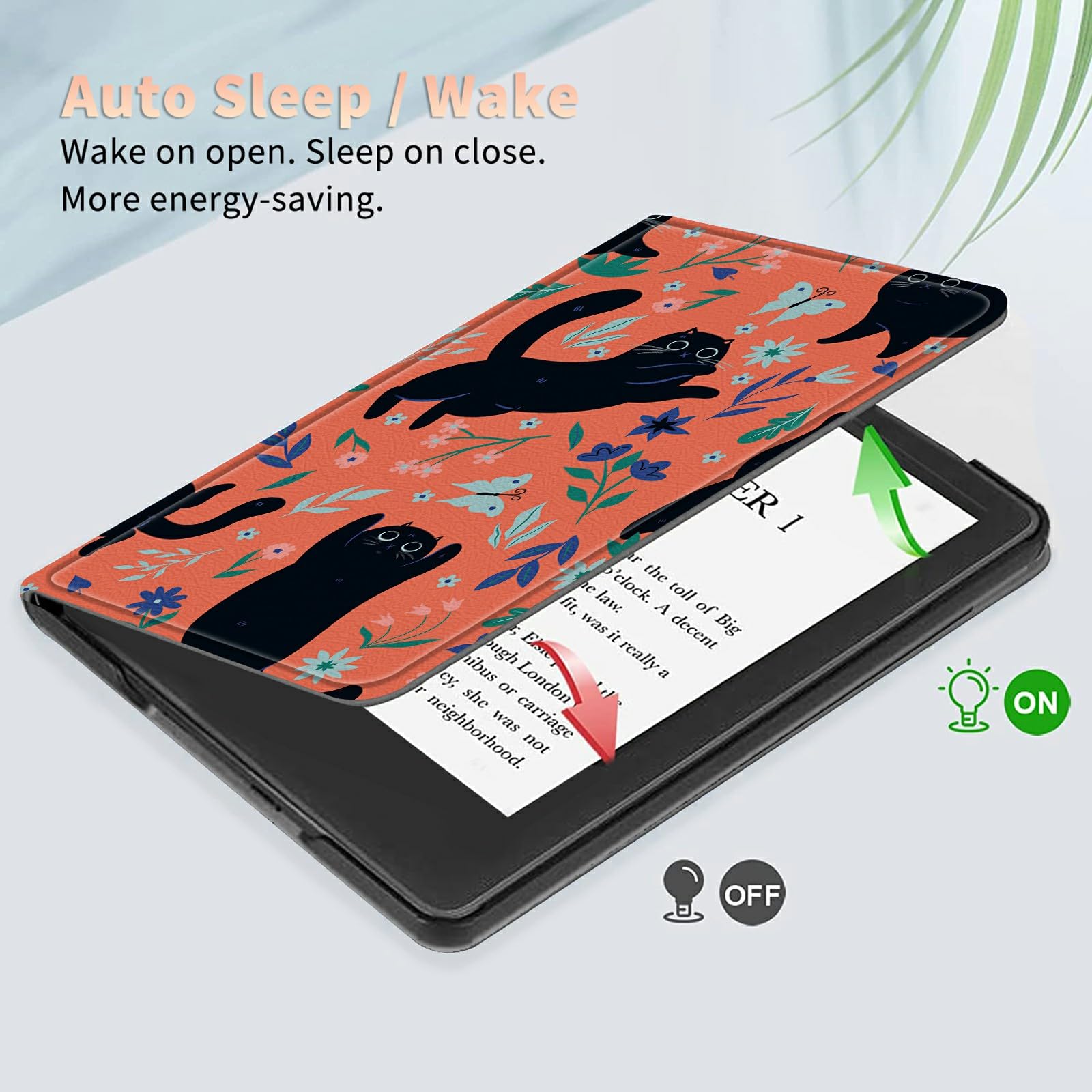 Black Cat Flowers Case For All New 6'' Kindle (11Th Generation, 2022 Release), Shockproof Pu Leather Folding Stand Slim Case Wit