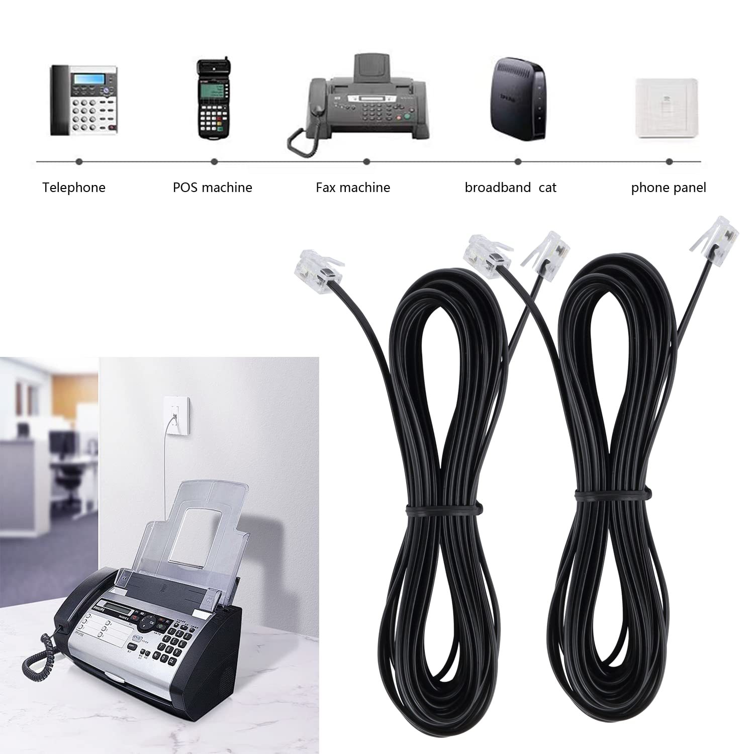 15 Feet Phone Telephone Extension Cord Cable Line Wire With Standard Rj11 6P4C Plugs For Landline Telephone,(Black15 Ft, 2Pack)