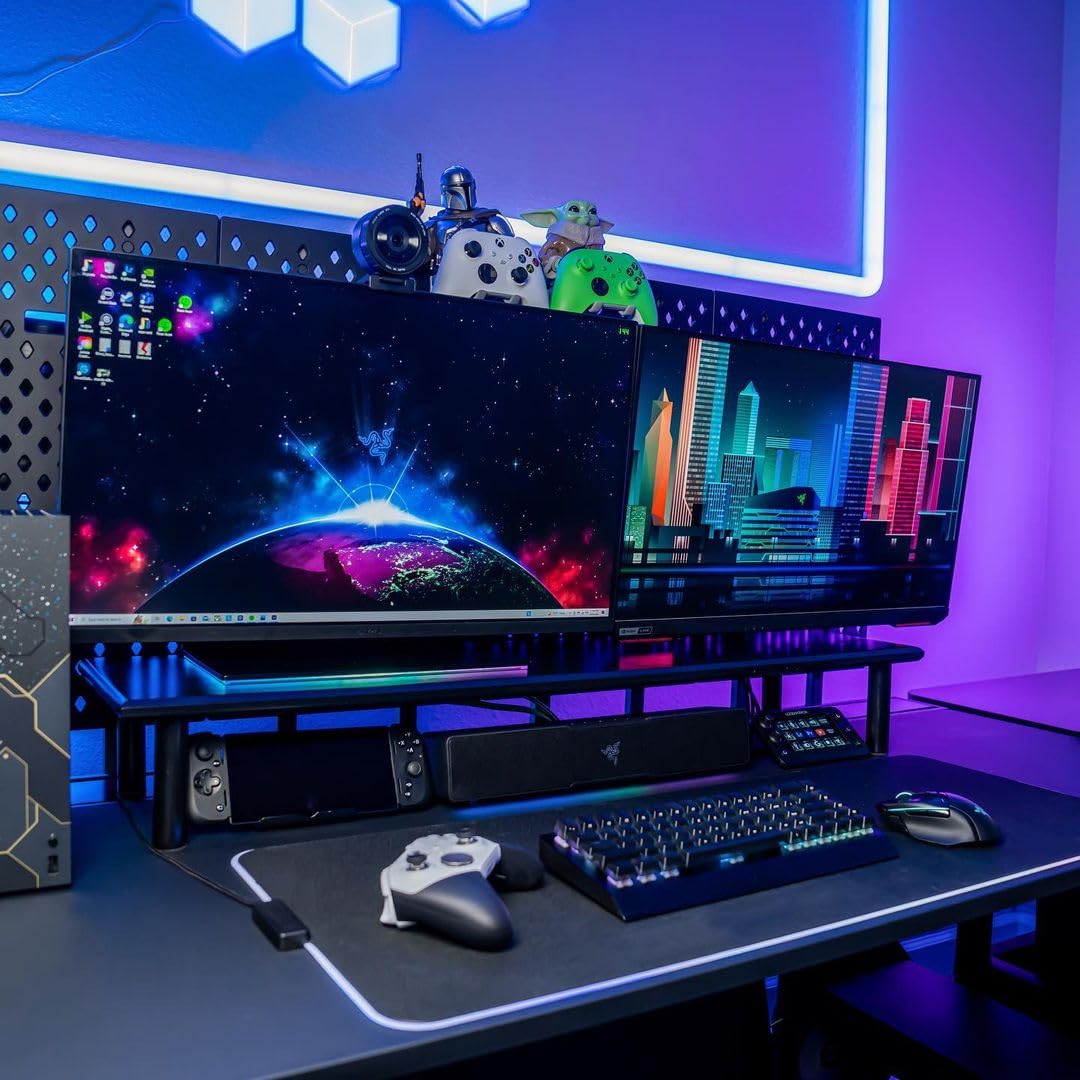 Rocdeer Bamboo Dual Monitor Stand Riser With 2 Heights Available, Black Desk Monitor Riser For 2 Monitors Supports For Monitor,