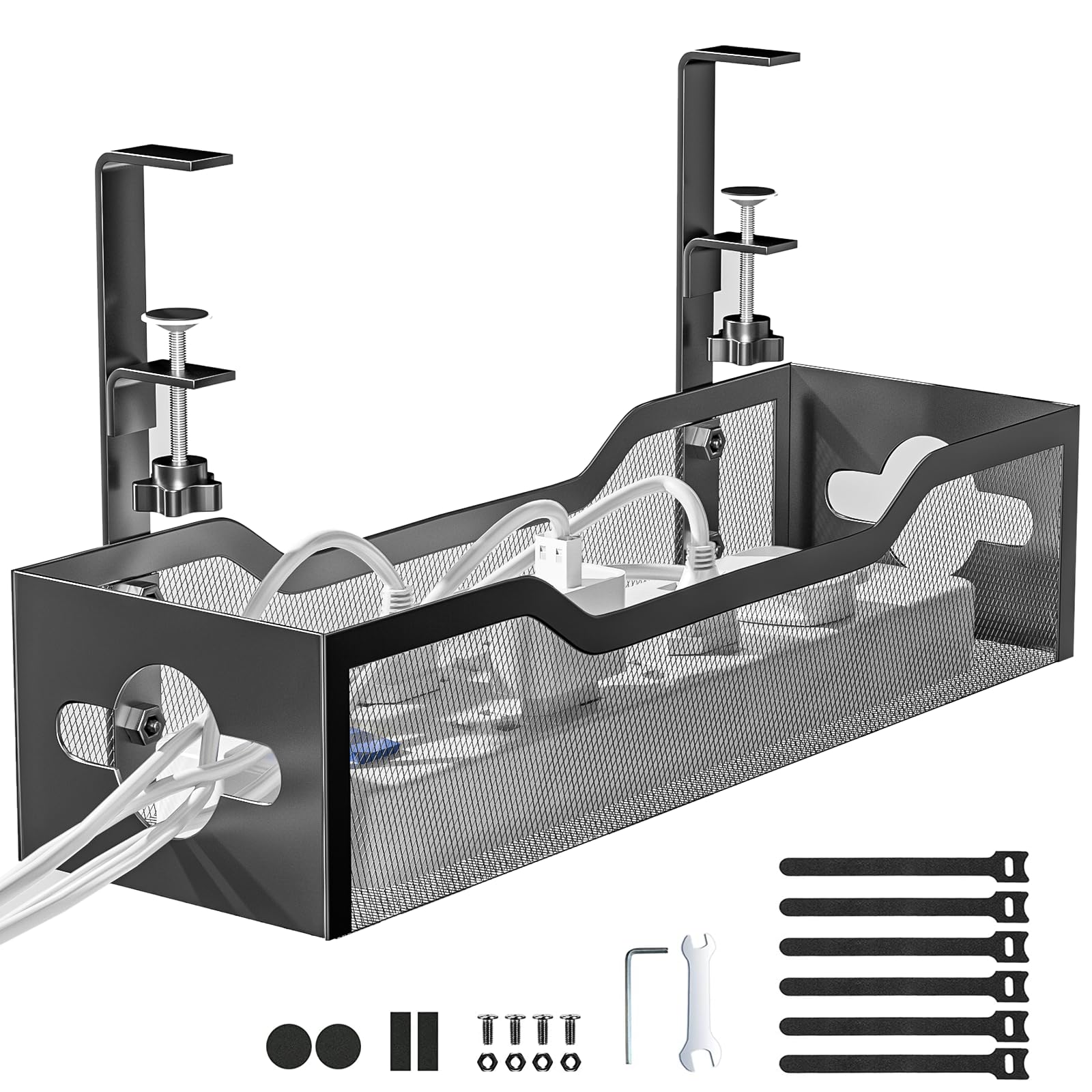 Under Desk Cable Management Tray Black, Litwaro Cable Management Under Desk No Drill, Desk Cable Organizer With Clamp For Desk C