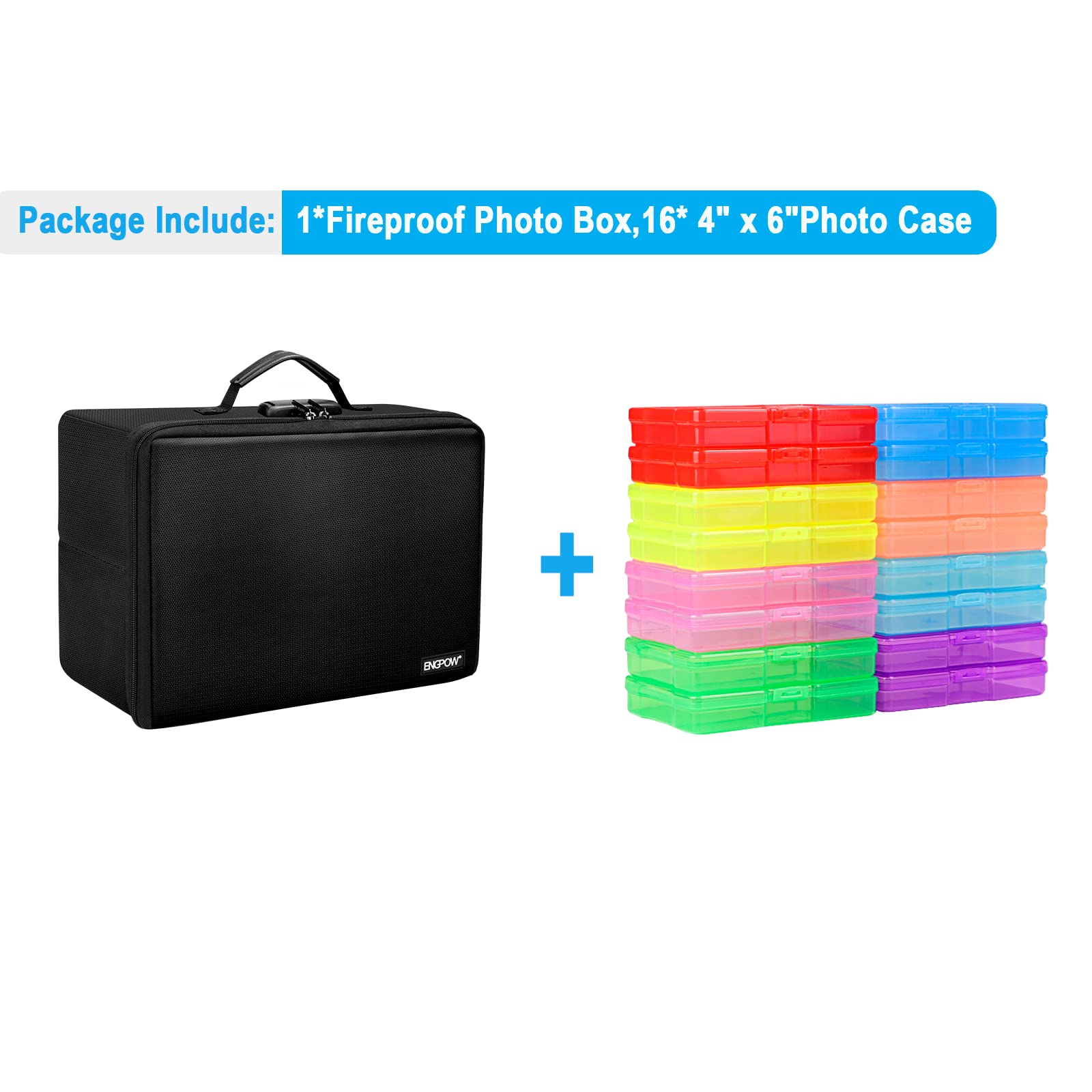Engpow Fireproof Photo Storage Box With 16 Inner 4'' X 6'' Photo Cases(Multi Colored), Photo Organizer Box With Lock,Collapsible