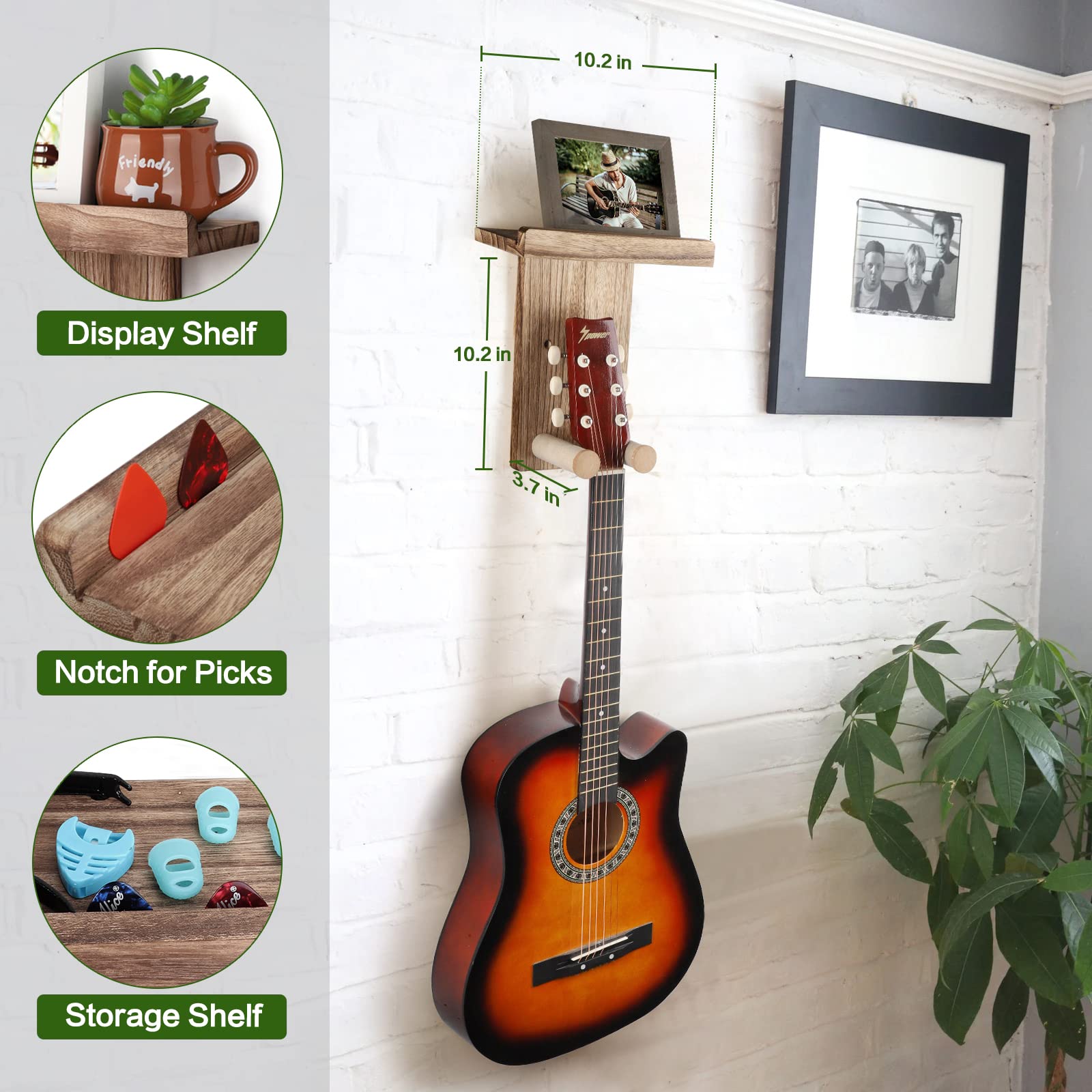 Keebofly Guitar Wall Mount,2 Pack Guitar Hanger Wall Guitar Shelf With Pick Holder Wood Guitar Rack For Acoustic Or Electric Gui