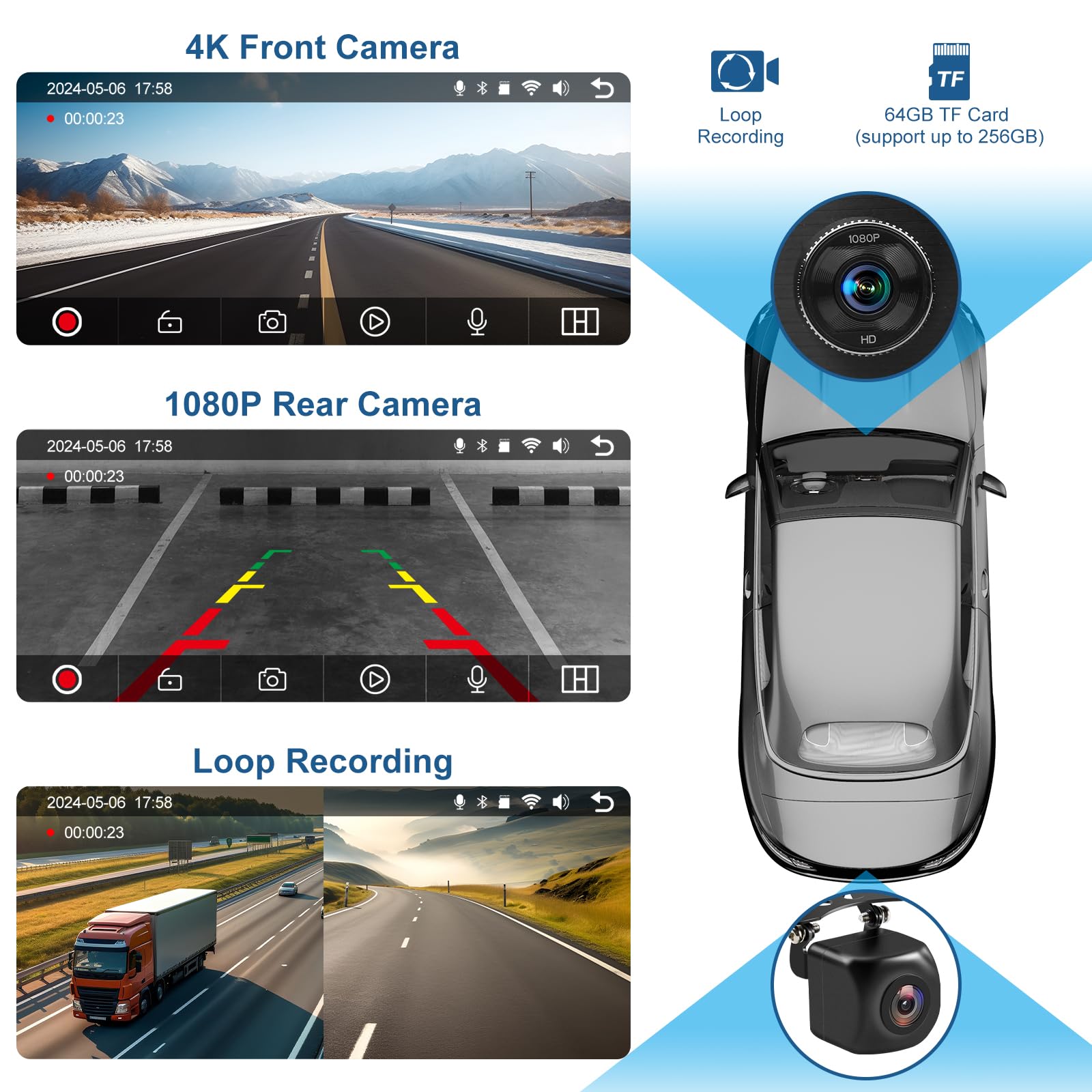 Portable Apple Carplay Screen For Car, 7'' Ips Touch Screen With 4K Dash Cam, Wireless Android Auto Screen, 1080P Backup Camera,