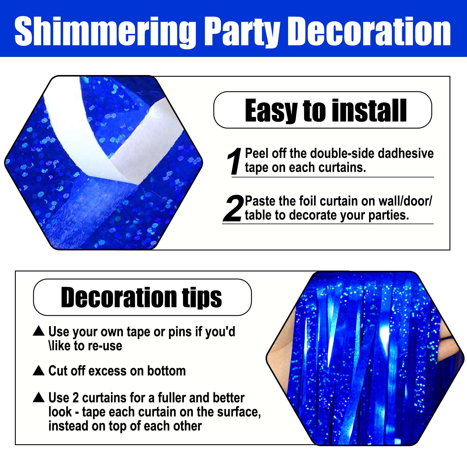 3 Pack Blue Foil Fringe Curtain Backdrop, 3.28Ft X 8.2Ft Metallic Tinsel Foil Fringe Streamer Curtains For Photo Booth, Valentin