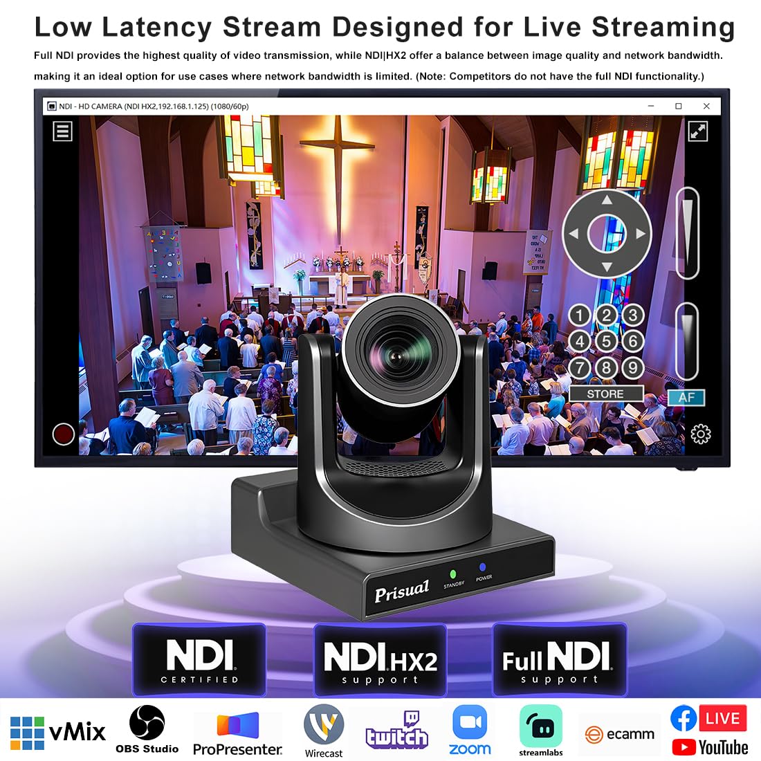 Prisual Ndi Camera 20X Optical Zoom With Hdmi/3G Sdi/Usb/Ip Live Streaming Poe Auto Tracking For Church Worship Conference Sport