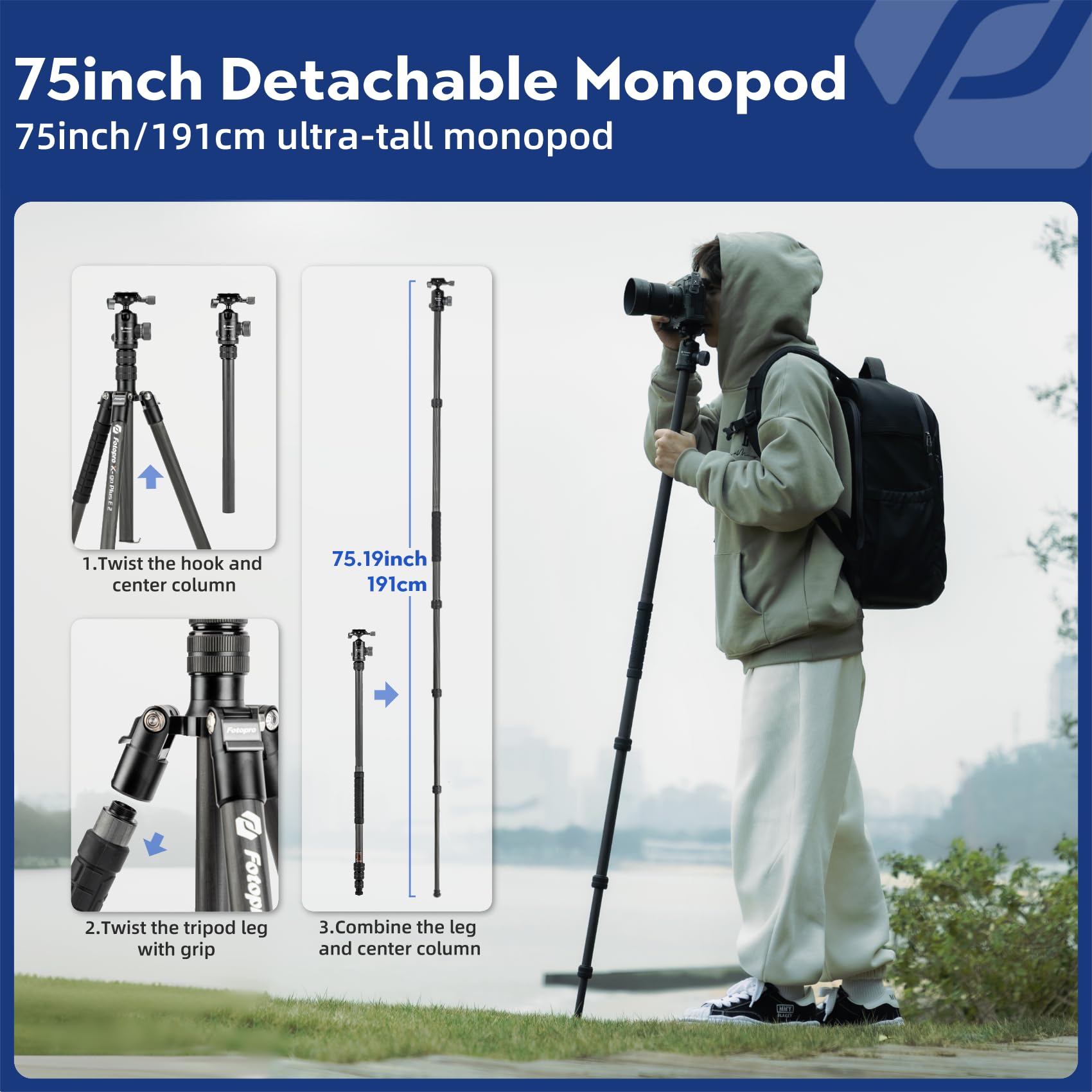 Fotopro 73'' Carbon Fiber Tripod For Camera, Compact Travel Tripod With Ball Head, Detachable Monopod With Quick Release Plate A