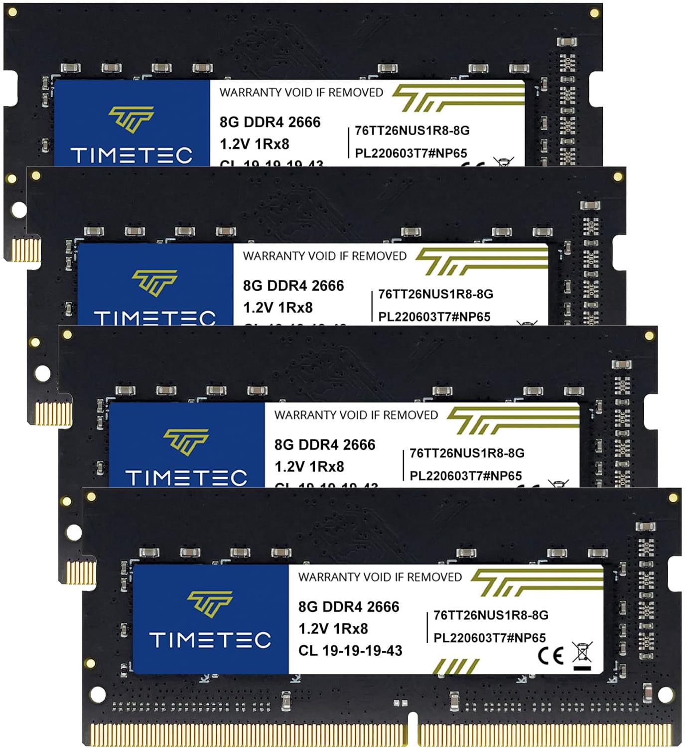 Timetec 32Gb Kit(4X8Gb) Ddr4 2666Mhz (Ddr4 2666) Pc4 21300 (Pc4 2666V) Non Ecc Unbuffered 1.2V Cl19 1Rx8 Single Rank 260 Pin Sod