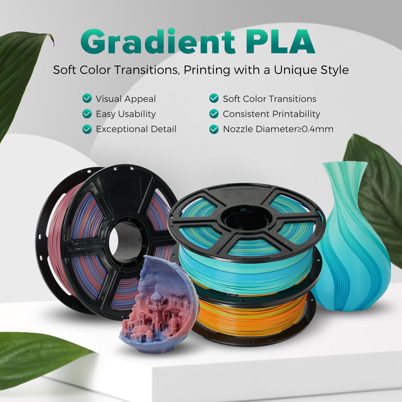 Flashforge Pla Filament 1.75Mm +/- 0.02Mm Orange To Green Gradient, Smooth Color-Changing 3D Printer Filament 1Kg (2.2Lbs) Spool