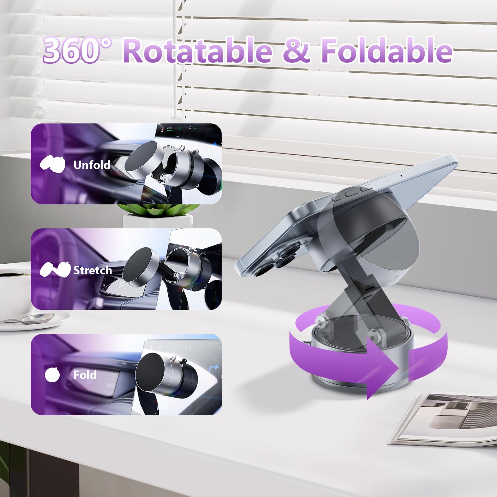 Daioai 2025 Upgrated Vacuum Magnetic Suction Phone Holder, Hands-Free Magnetic Cell Phone Holder, 360 Adjustable Suction Cup Pho