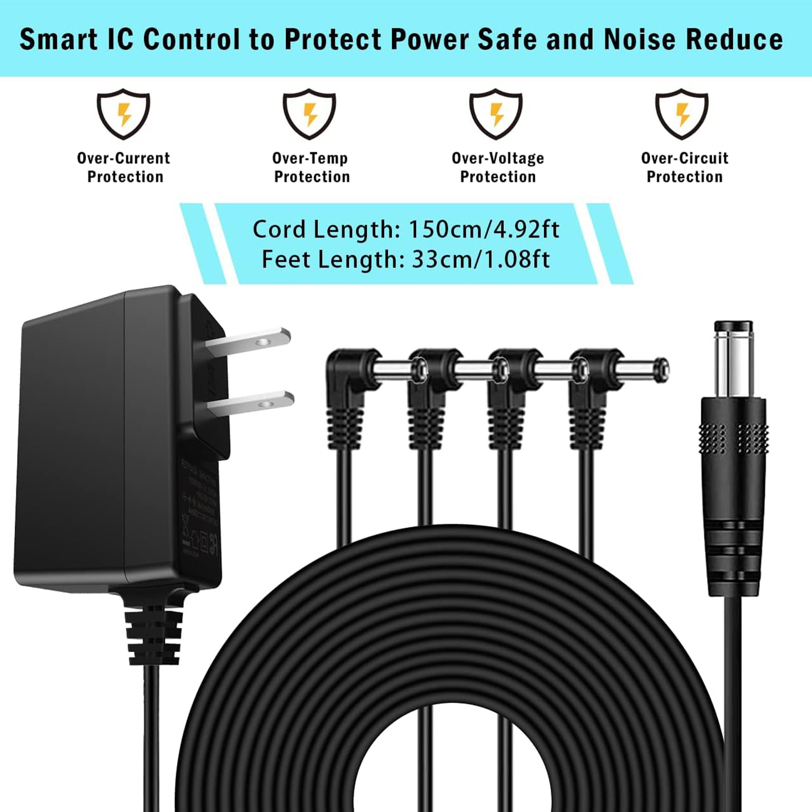 Aitone Dc 9V Guitar Pedal Power Supply Ac Adapter With 4 Way Daisy Chain Power Cord Cables For Pedal Keyboard Tip Negative 800Ma