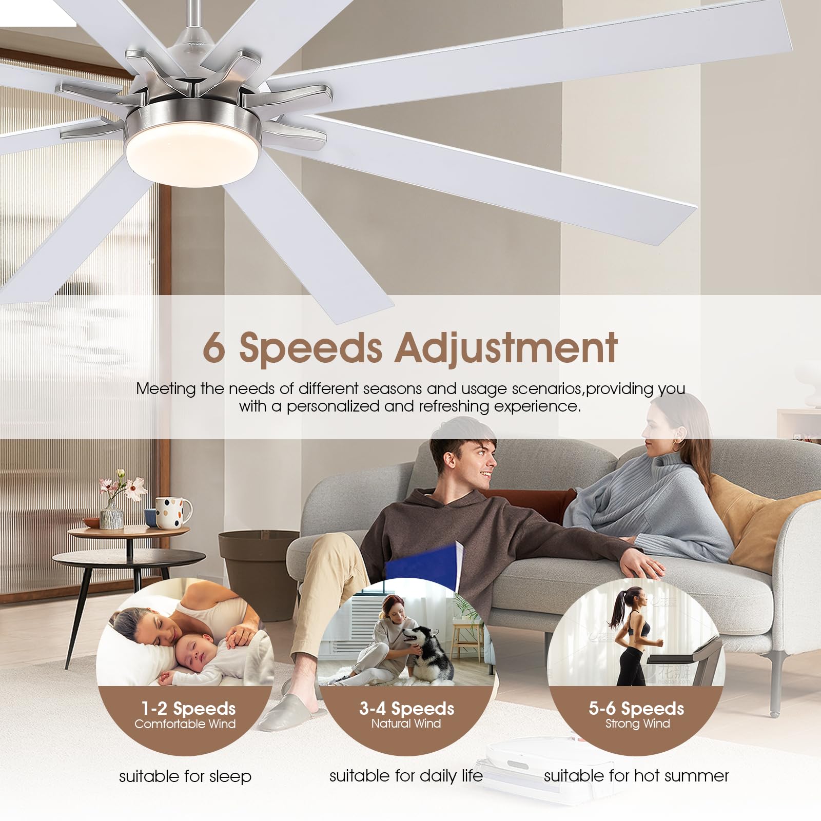 Kviflon 72 Inch Ceiling Fans With Lights And Remote, Modern Indoor Outdoor Large Ceiling Fan For Bedroom Living Room Patio Porch