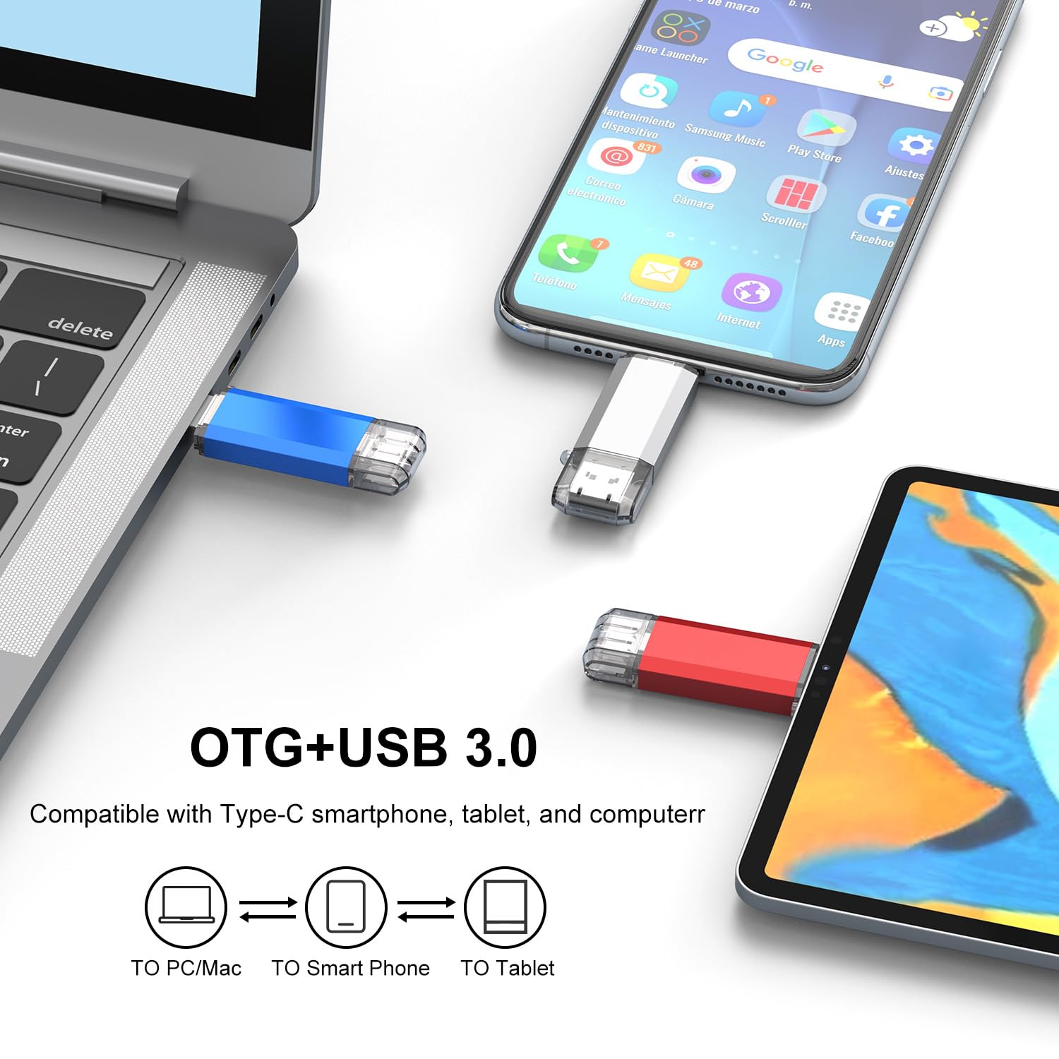 Raoyi 3 Pack 128Gb Usb C Flash Drive, 2 In 1 Usb 3.0 Type C Dual Otg Metal Thumb Drive Jump Drive Memory Stick With Keychain Suitable For Usb C Smartphones, Computers And Tablets (Red,Silver,Blue)