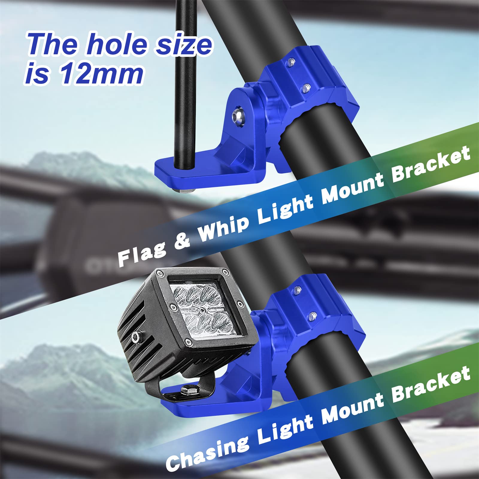 Zidiyoruo Utv Whip And Spot Light Mount, 360 Rotating Flag Hole, Aluminium Alloy, 1.75 To 2 Roll Cage (2 Pcs Blue)