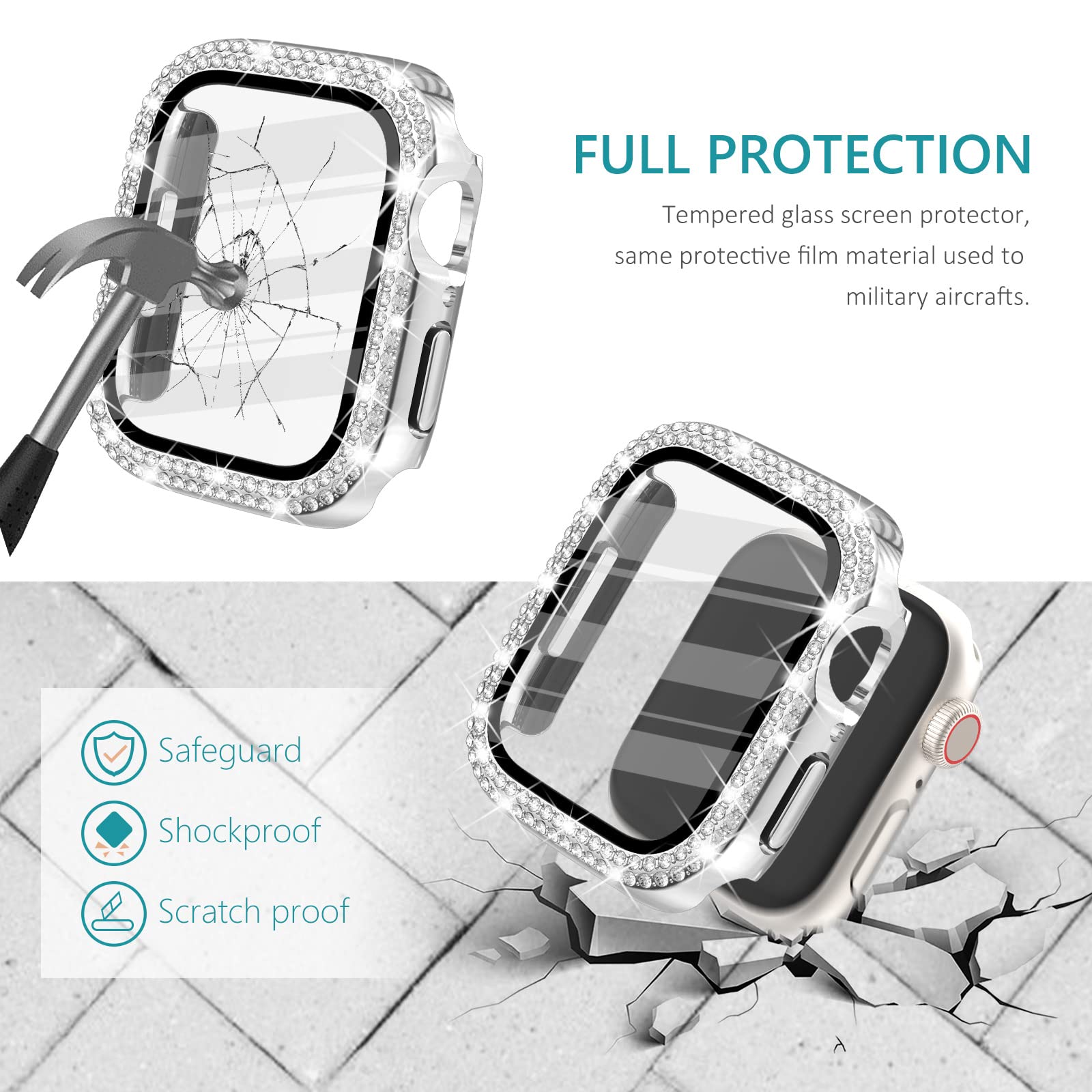 Surace Apple Watch 42Mm Series 3/2/1 Case With Tempered Glass Screen Protector, Bling Diamond Overall Protective Case, Silver