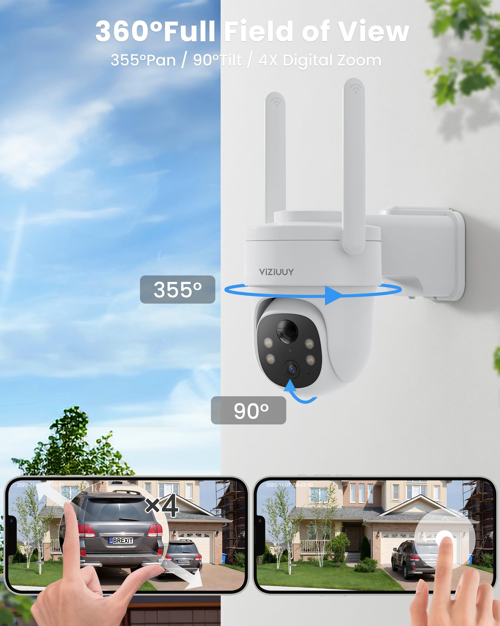 Viziuuy Solar Security Cameras Wireless Outdoor, 3Mp Pan Tilt 360Wifi Camera With Color Night Vision/Pir Sensor/2 Way Audio/Alex