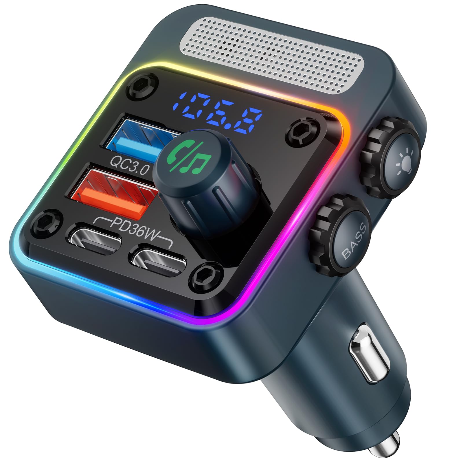 Nulaxy 54W Bluetooth 5.3 Car Adapter With 4 Charging Ports [Pd 36W & Qc3.0 18W], Wireless Radio Fm Transmitter With Deep Bass Player & 5 Colors Led Backlit, Hands Free Calling   Blue