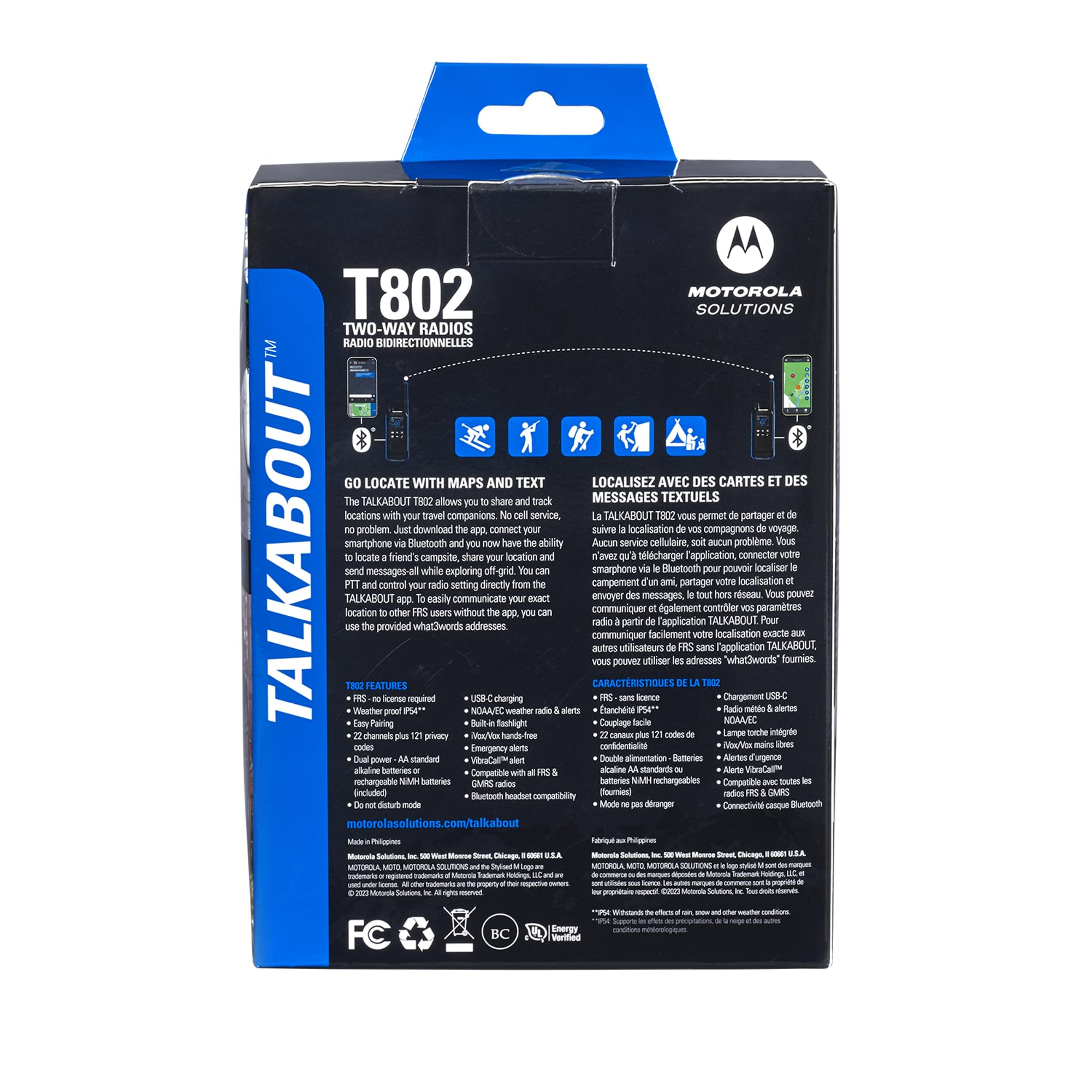 Motorola Solutions, Portable Frs, T802, Talkabout, Two Way Radios, Emergency Preparedness, Rechargable, 22 Channel, 35 Mile, Black W/Blue, 2 Pack