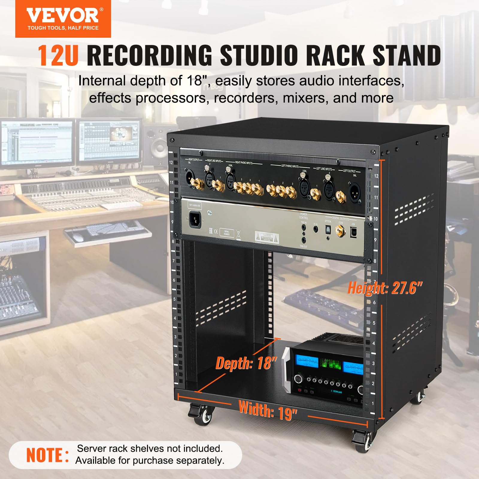 Vevor 12U Av Rack Stand With Caster Wheels, Component Rack Cabinet Recording Studio Racks, Removable Side Panels, Universal Netw