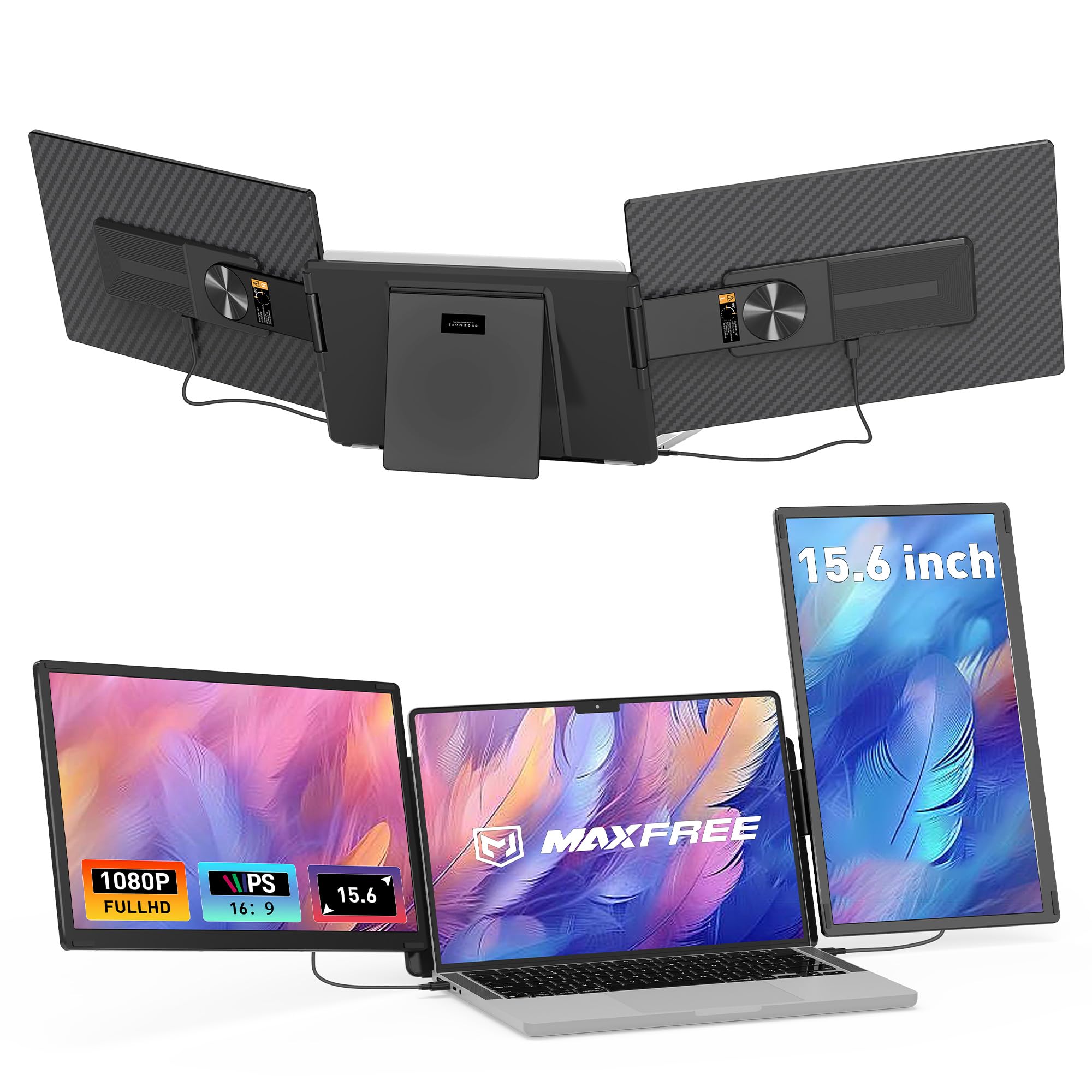 Maxfree Laptop Screen Extender,15.6'' Fhd 1080P Triple Screen Laptop Monitor Extender,Plug & Play,Detachable Screen Triple Monit