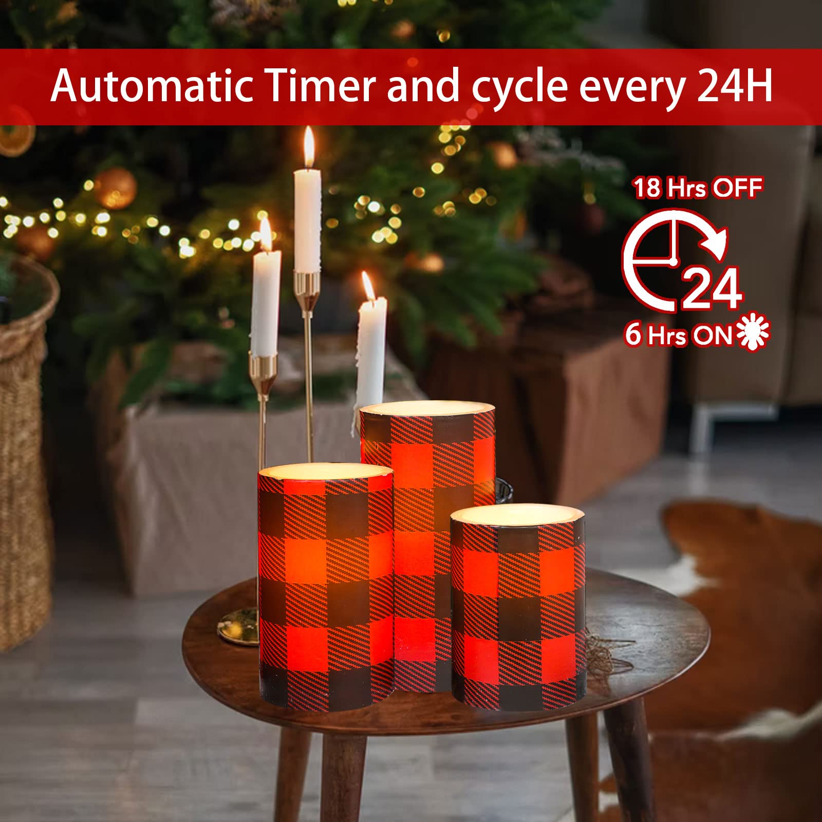 Silverstro Christmas Red Flameless Candles: Farmhouse Theme Flickering Real Wax Buffalo Check Decorative Candles With Remote - H