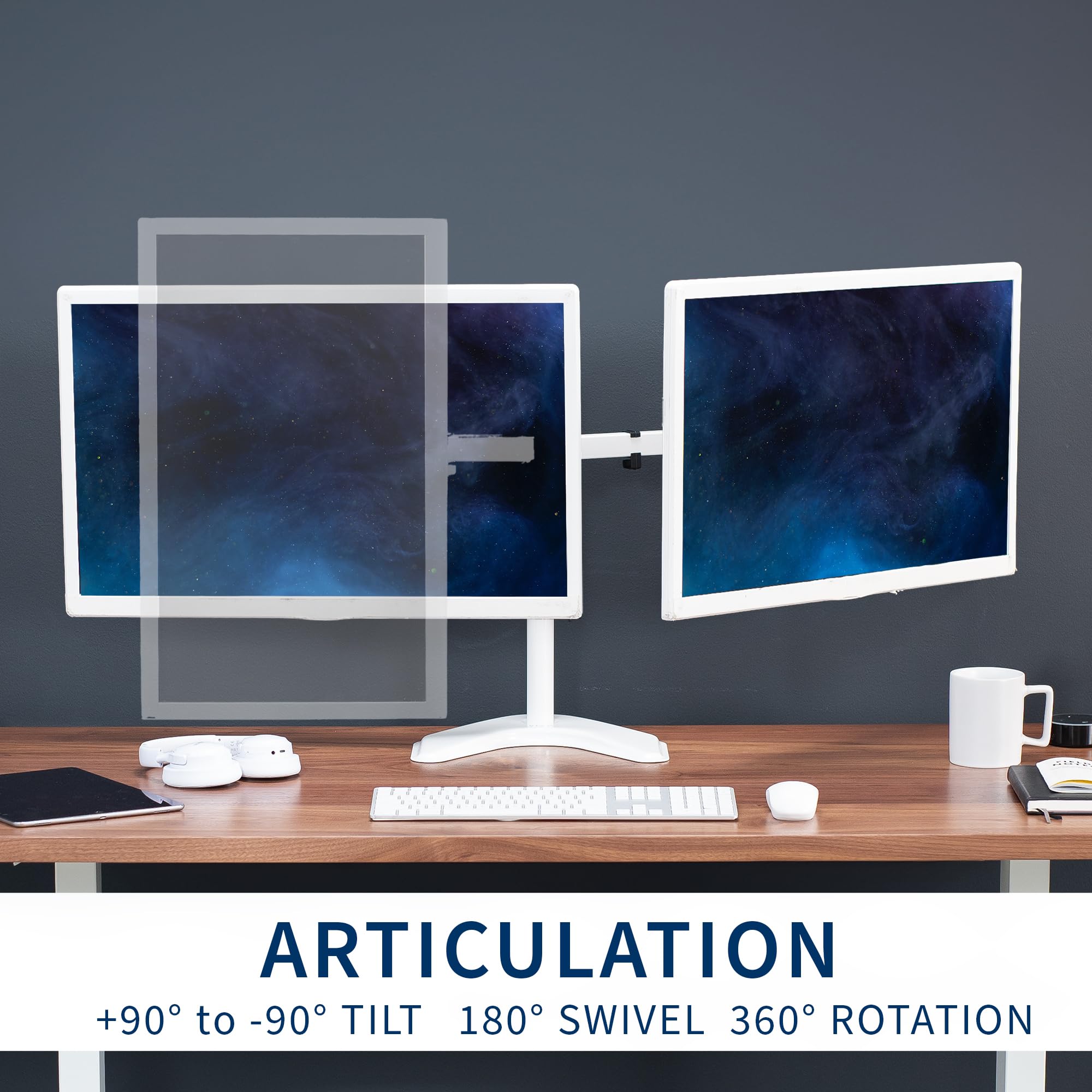 VIVO Dual LED LCD Monitor Mount, Free Standing Desk Stand for 2 Screens up to 32 Inch, Heavy Duty Fully Adjustable Arms with Max VESA 100x100mm, White, STAND V032FW