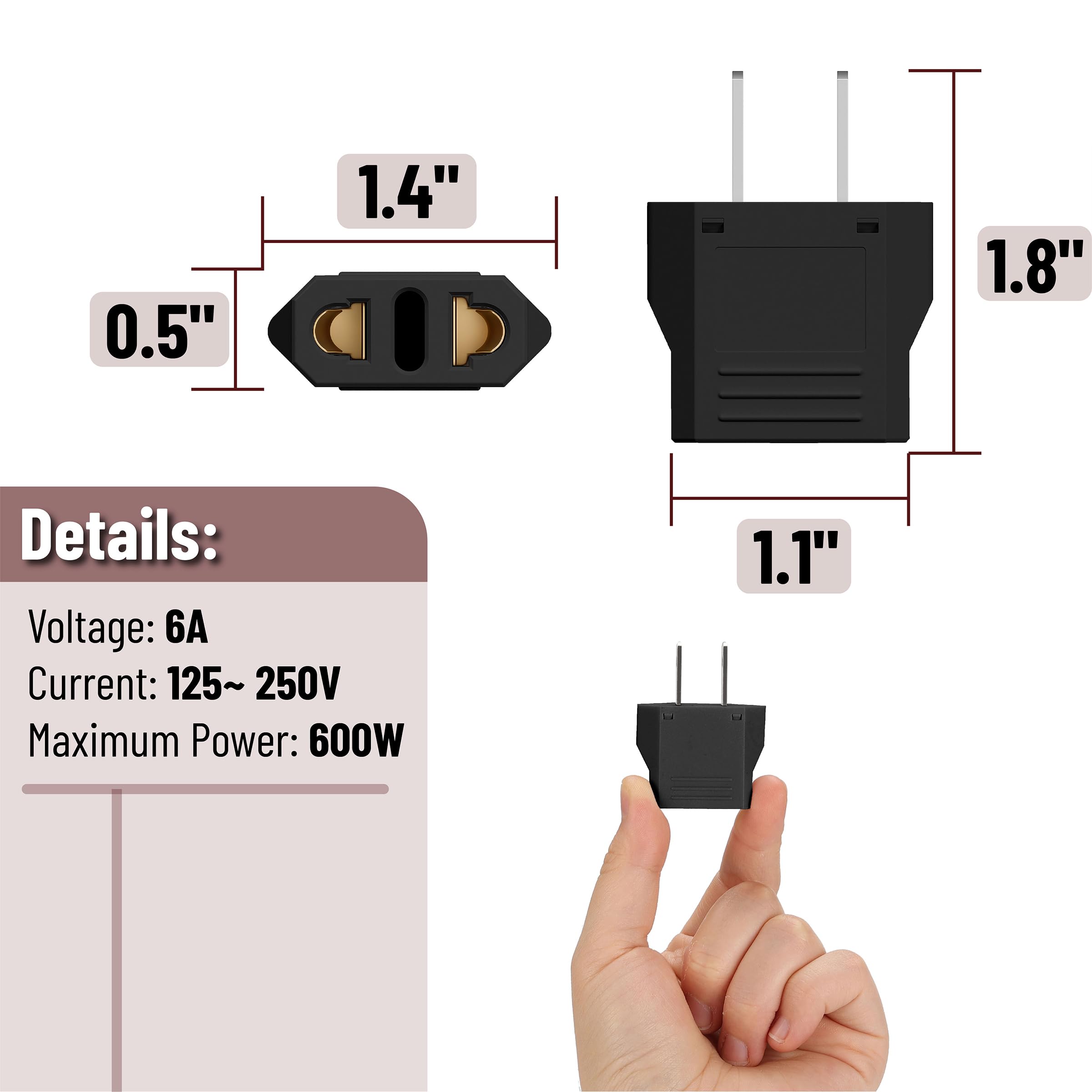 Bates  Europe To Us Plug Adapter, 6 Pack, Black, European To Us Plug Adapter, Eu To Us Plug Adapter, Adapter Europe To Usa, Uk T