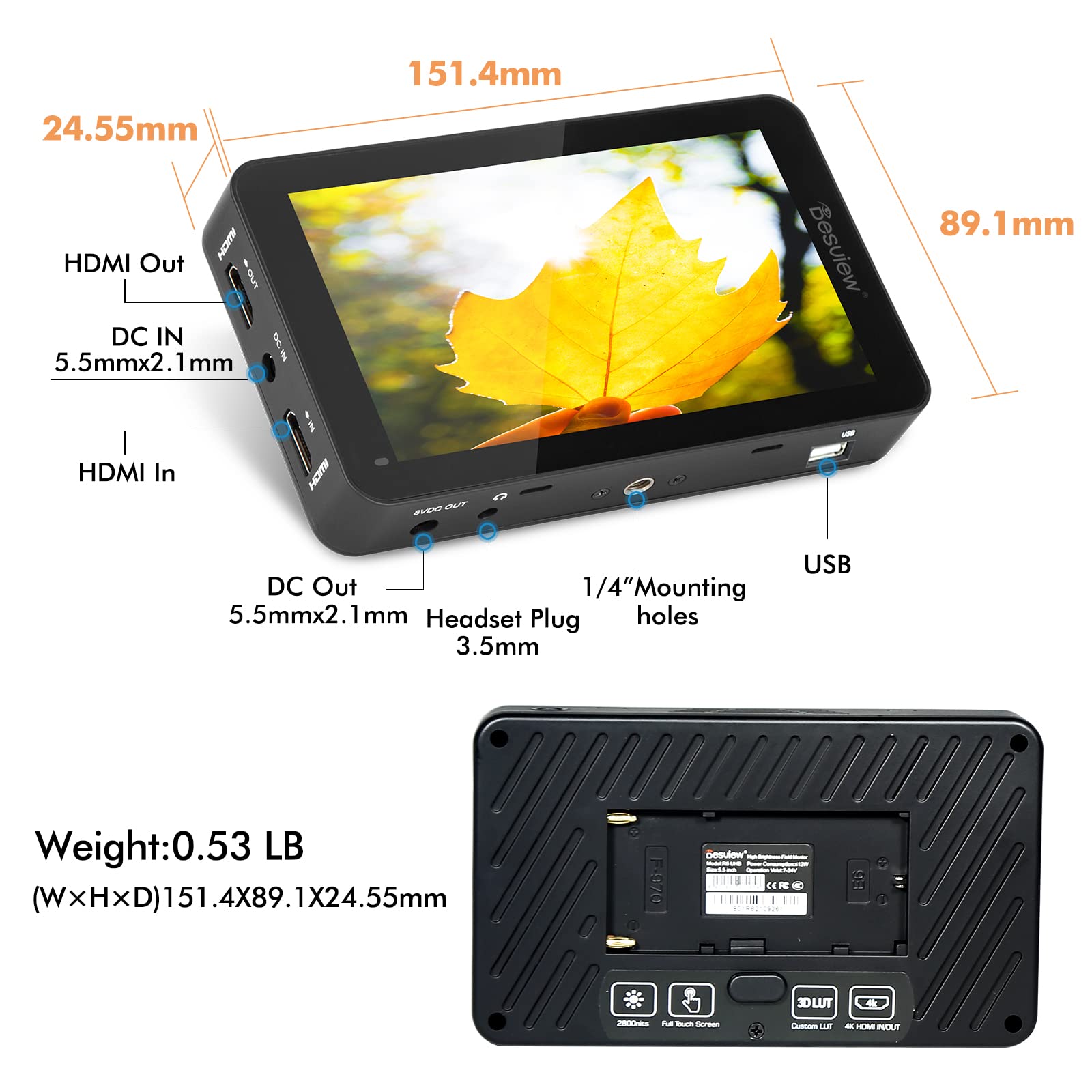 Desview R6 Camera Field Monitor 5.5Inch Touchscreen Monitor, Uhb 2800Nits 1920X1080 Ips 4K Hdmi With 3D Lut Hdr Waveform Vectors