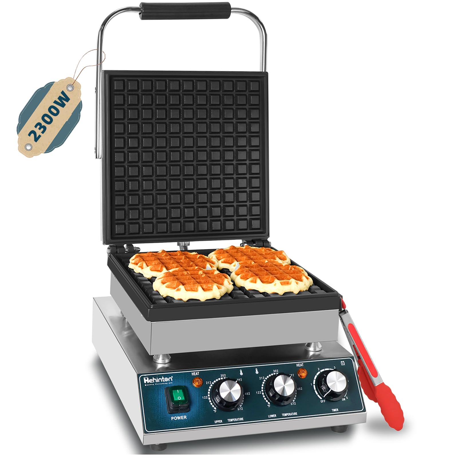 Hehinton Commercial Belgian Waffle Maker, 110V 2300W Electric Waffle Maker Dual Temperature Control,11.4x11.4 Cooking Area, Waff