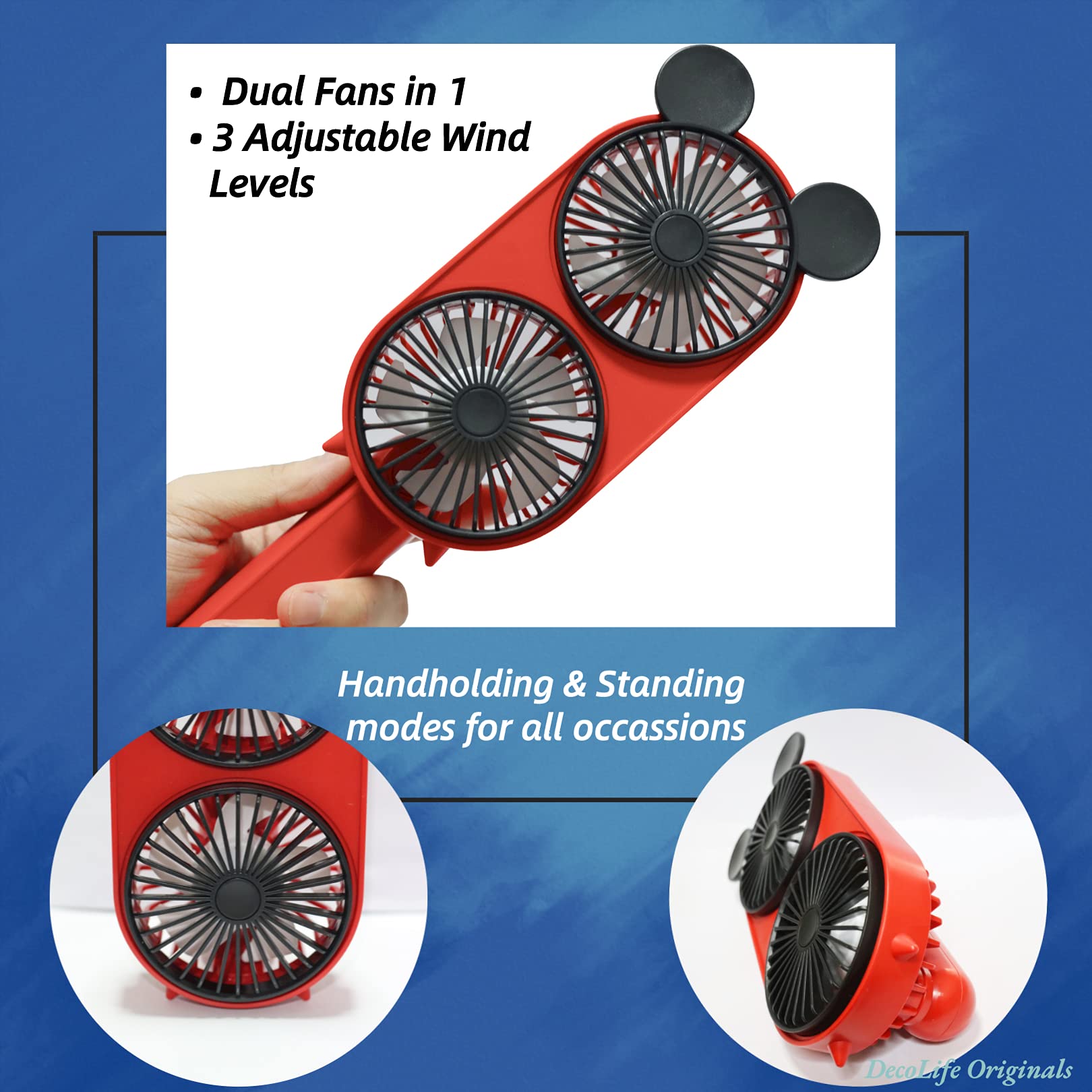 Decolife Cute Personal Mini Fan, Handheld & Portable Usb Rechargeable Fan, Twin Fan With 3 Adjustable Speeds, Perfect Cooling Fo