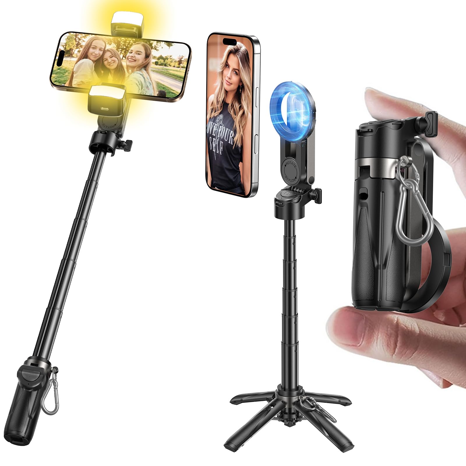 MAGIC JOHN Phone Tripod with 2 Selfie Light, Portable Pocket Size Selfie Stick for iPhone Magsafe, Selfie Stick with Wireless De