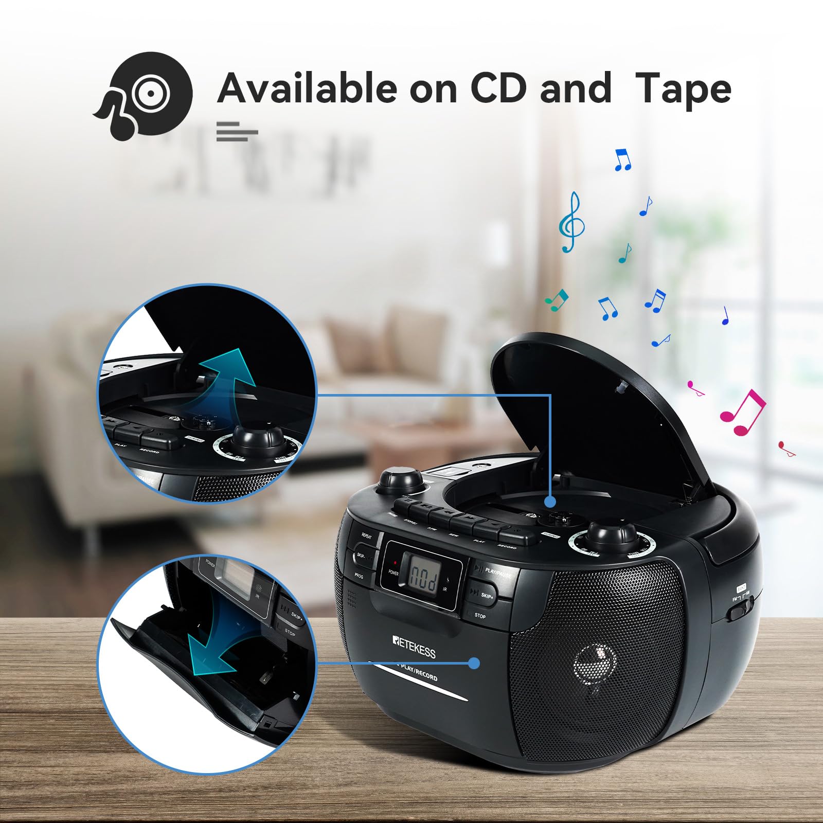 Retekess Tr621 Cd Player Boombox, Cassette Tape Player Am Fm Radio, Stereo Sound, Usb And Tf Card Playback With Remote Control,